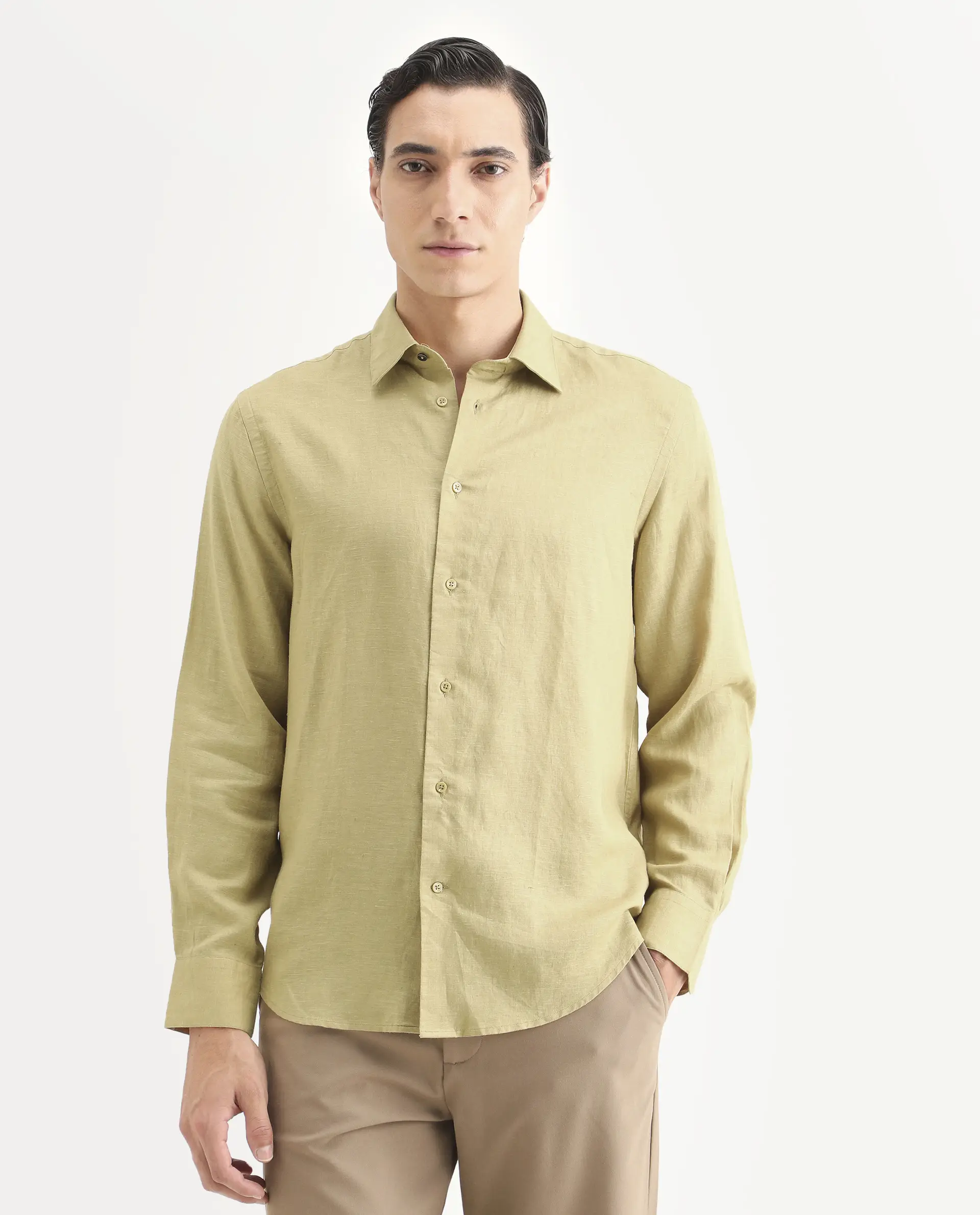 Rare Rabbit Men's Linex Ls Dusky Yellow Linen Blend Fabric Full Sleeve Spread Collar Regular Fit Plain Shirt - Image 4