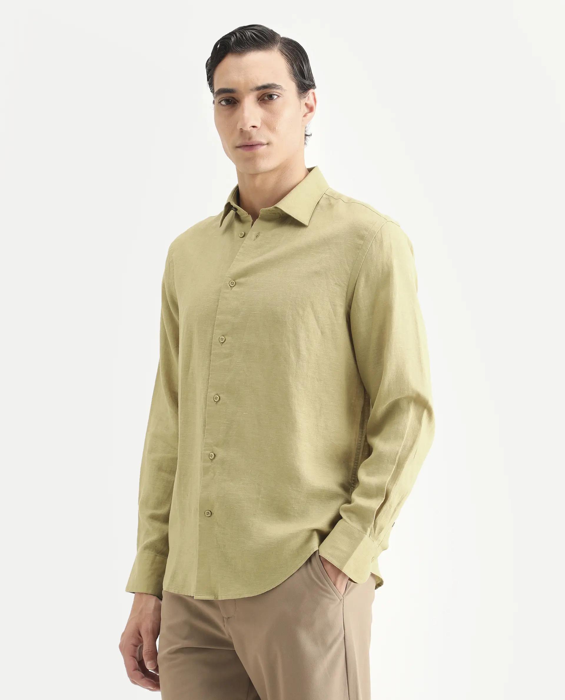 Rare Rabbit Men's Linex Ls Dusky Yellow Linen Blend Fabric Full Sleeve Spread Collar Regular Fit Plain Shirt - Image 5