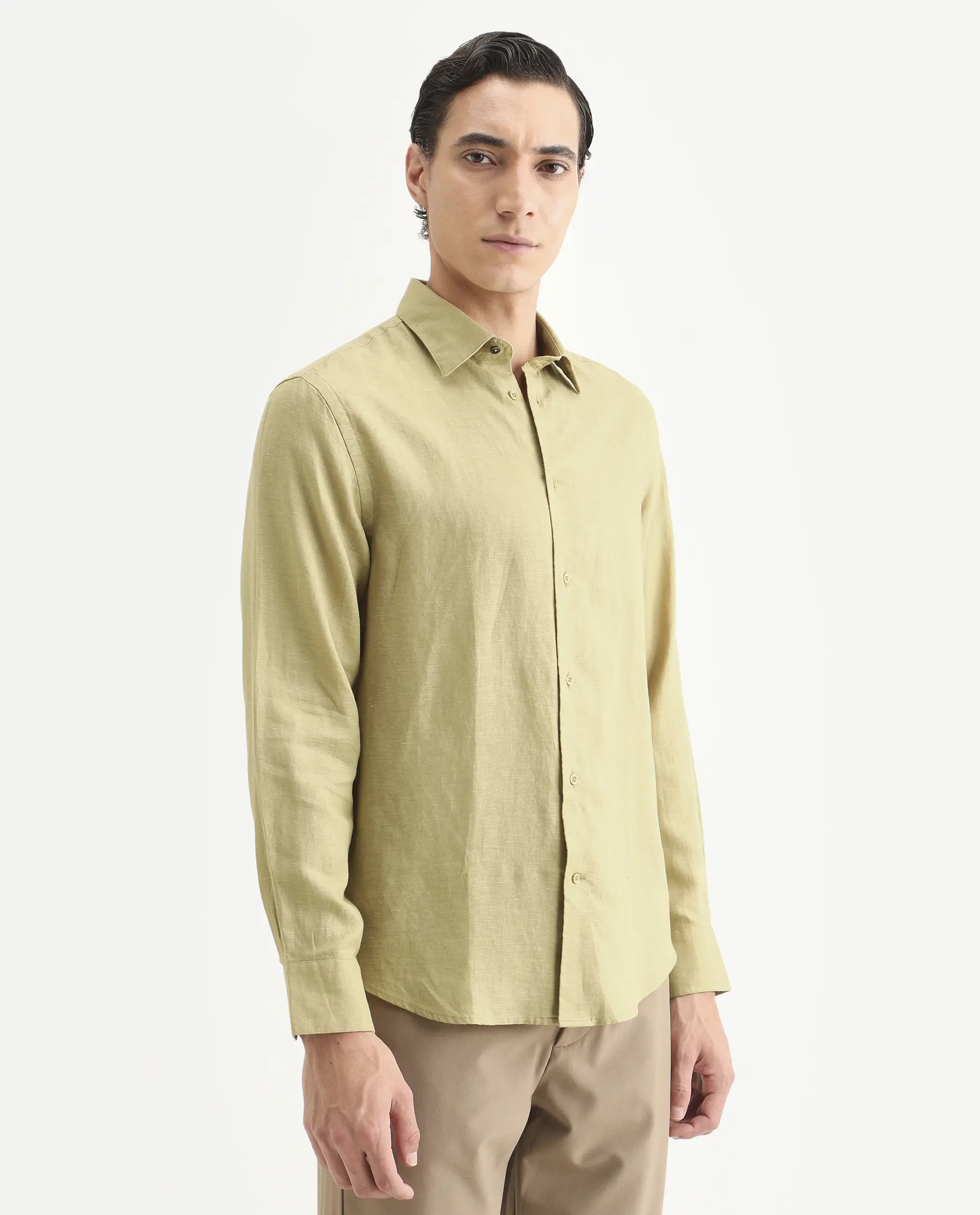 Rare Rabbit Men's Linex Ls Dusky Yellow Linen Blend Fabric Full Sleeve Spread Collar Regular Fit Plain Shirt - Image 6