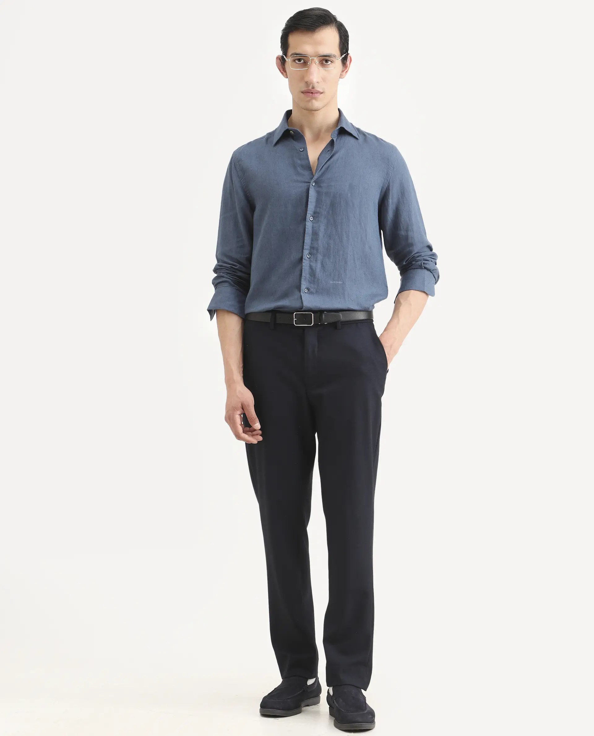 Rare Rabbit Men's Linex Ls Navy Linen Blend Fabric Full Sleeve Spread Collar Regular Fit Plain Shirt - Image 2