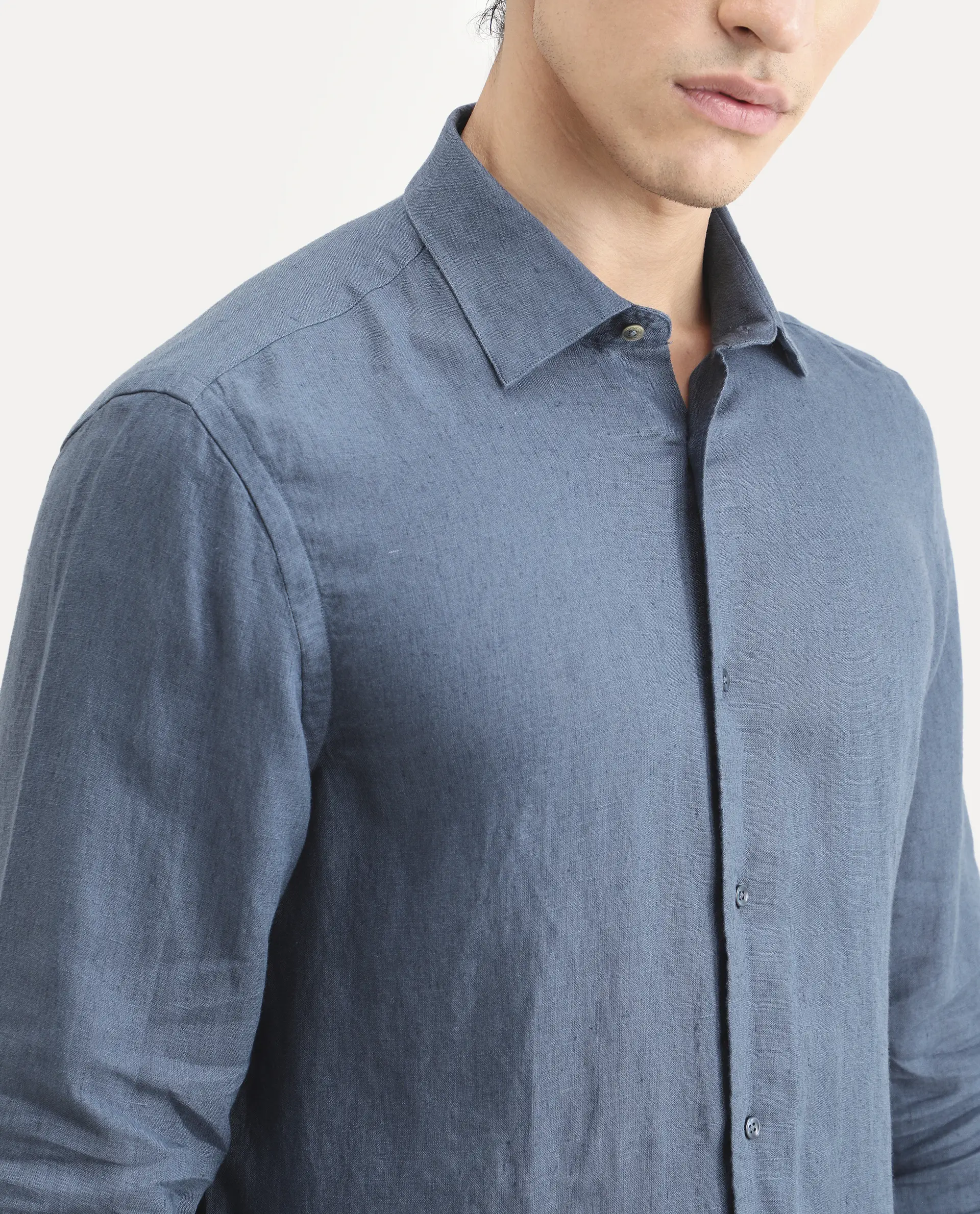 Rare Rabbit Men's Linex Ls Navy Linen Blend Fabric Full Sleeve Spread Collar Regular Fit Plain Shirt - Image 3