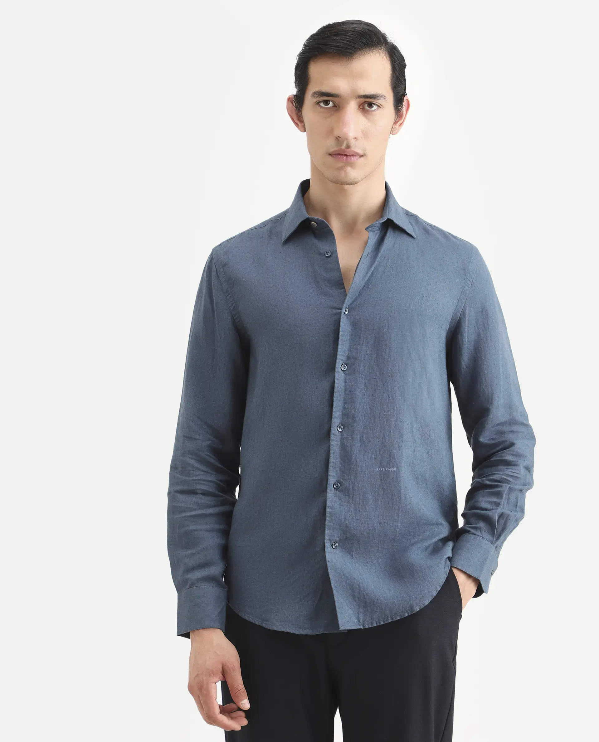 Rare Rabbit Men's Linex Ls Navy Linen Blend Fabric Full Sleeve Spread Collar Regular Fit Plain Shirt - Image 4
