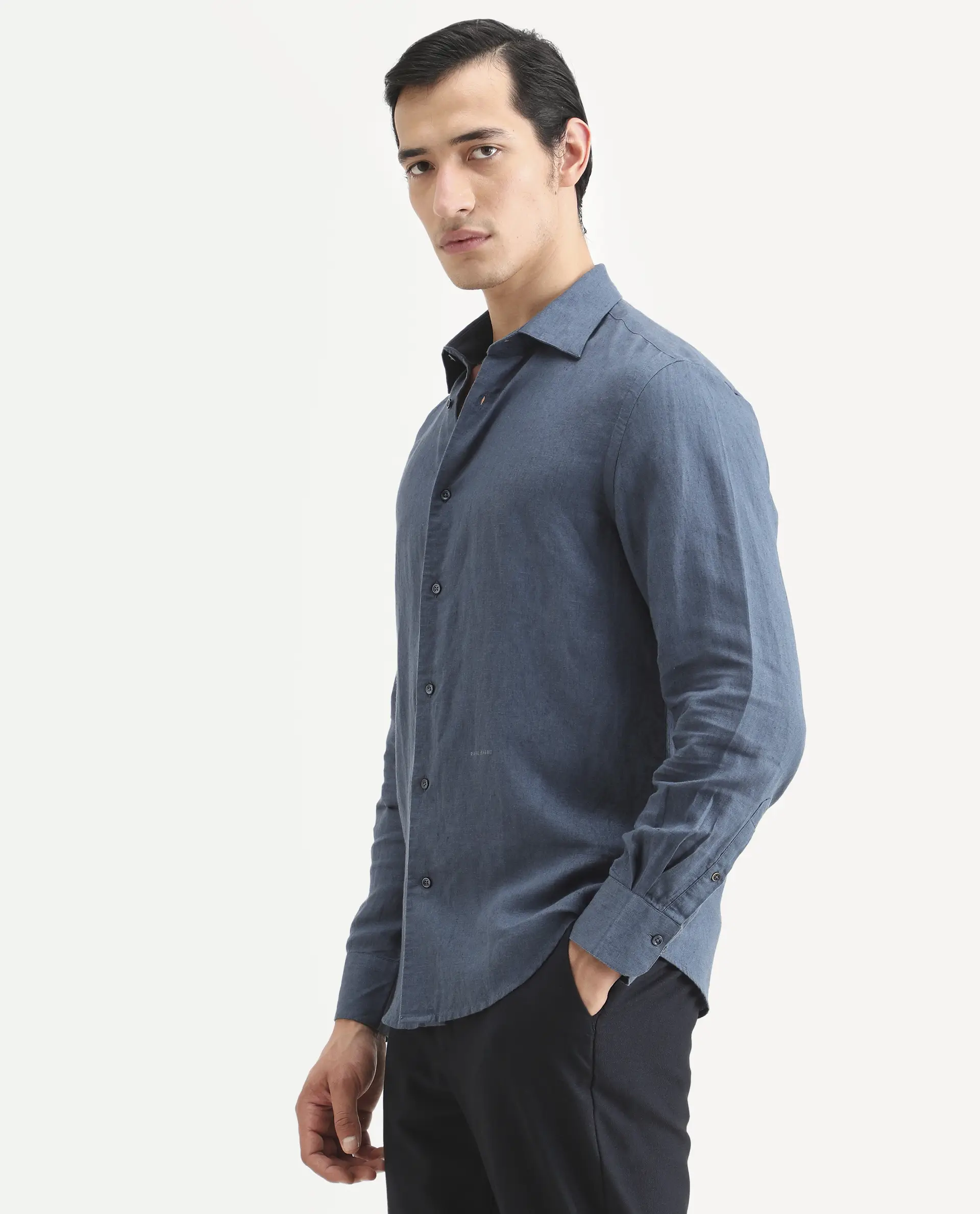 Rare Rabbit Men's Linex Ls Navy Linen Blend Fabric Full Sleeve Spread Collar Regular Fit Plain Shirt - Image 5