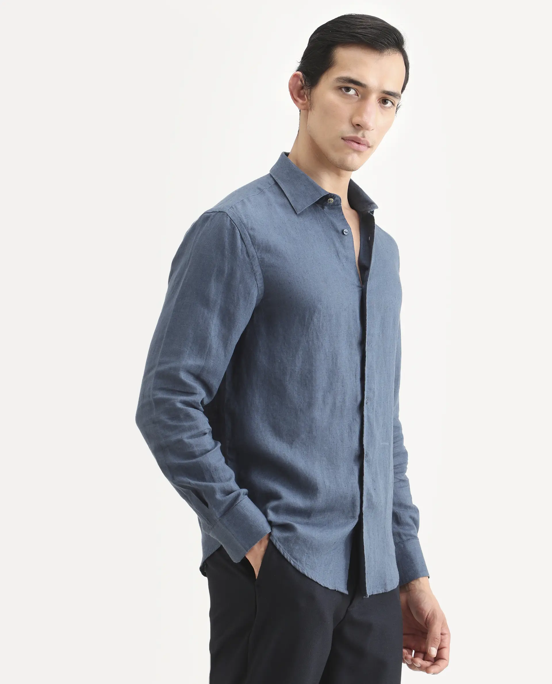 Rare Rabbit Men's Linex Ls Navy Linen Blend Fabric Full Sleeve Spread Collar Regular Fit Plain Shirt - Image 6