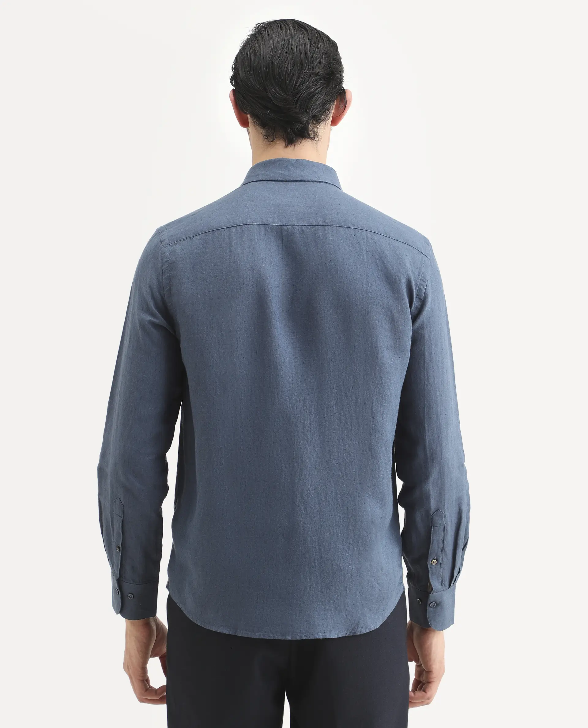 Rare Rabbit Men's Linex Ls Navy Linen Blend Fabric Full Sleeve Spread Collar Regular Fit Plain Shirt - Image 7