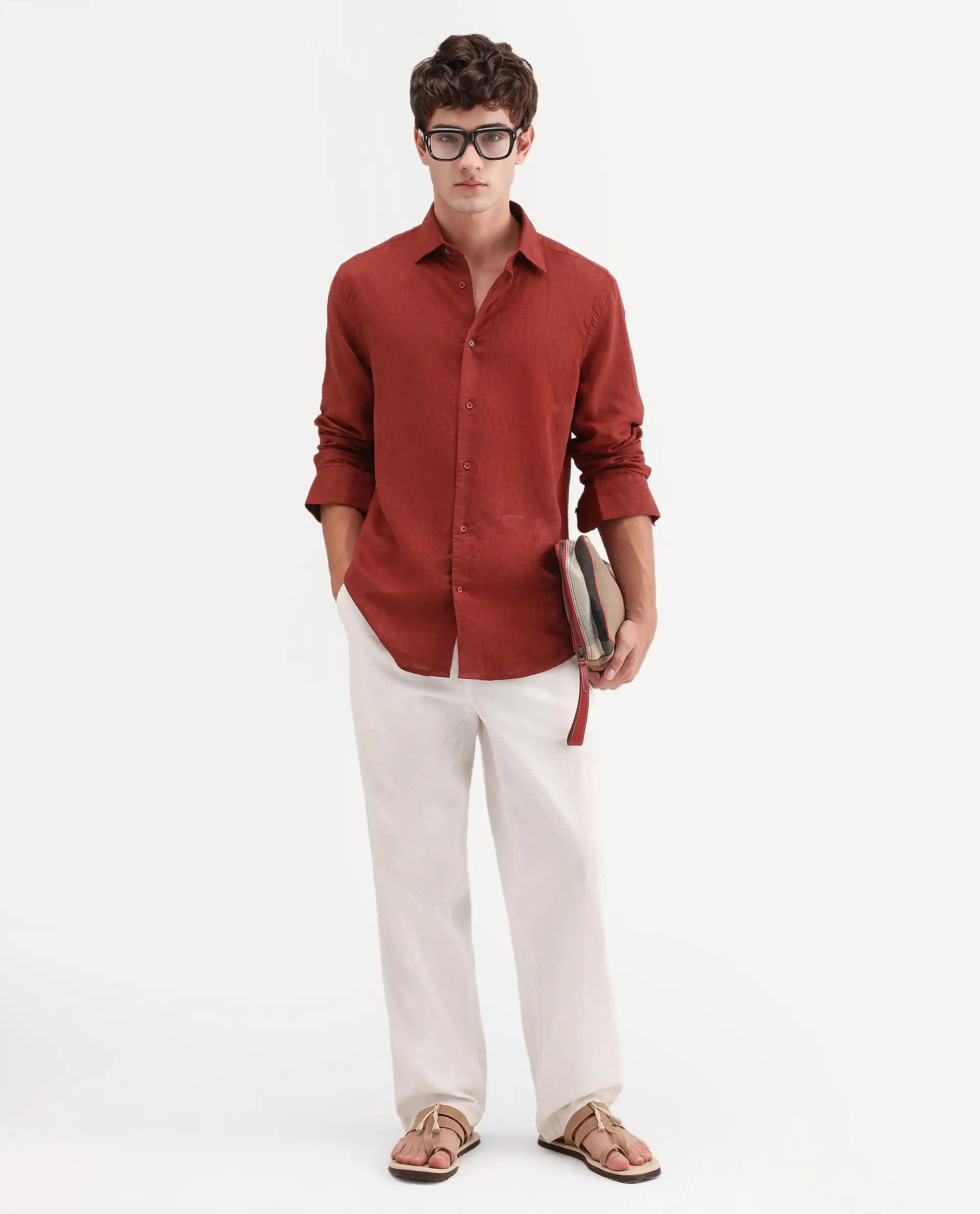 Rare Rabbit Men's Linex Ls Red Linen Blend Fabric Full Sleeve Spread Collar Regular Fit Plain Shirt - Image 2