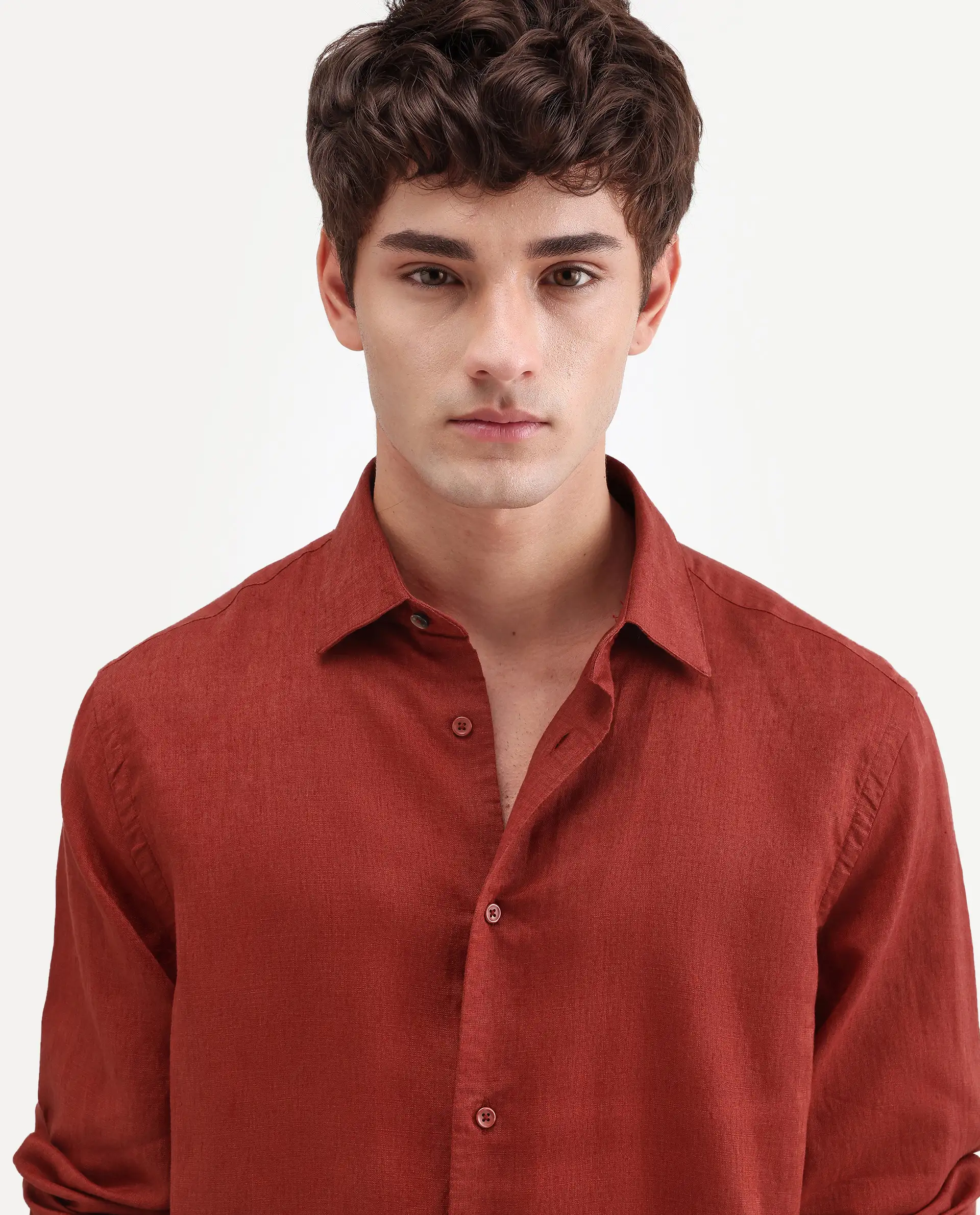Rare Rabbit Men's Linex Ls Red Linen Blend Fabric Full Sleeve Spread Collar Regular Fit Plain Shirt - Image 3