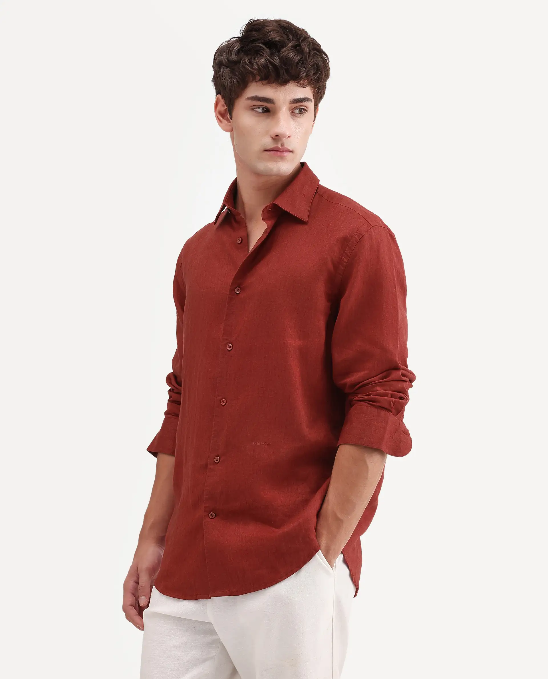 Rare Rabbit Men's Linex Ls Red Linen Blend Fabric Full Sleeve Spread Collar Regular Fit Plain Shirt - Image 4