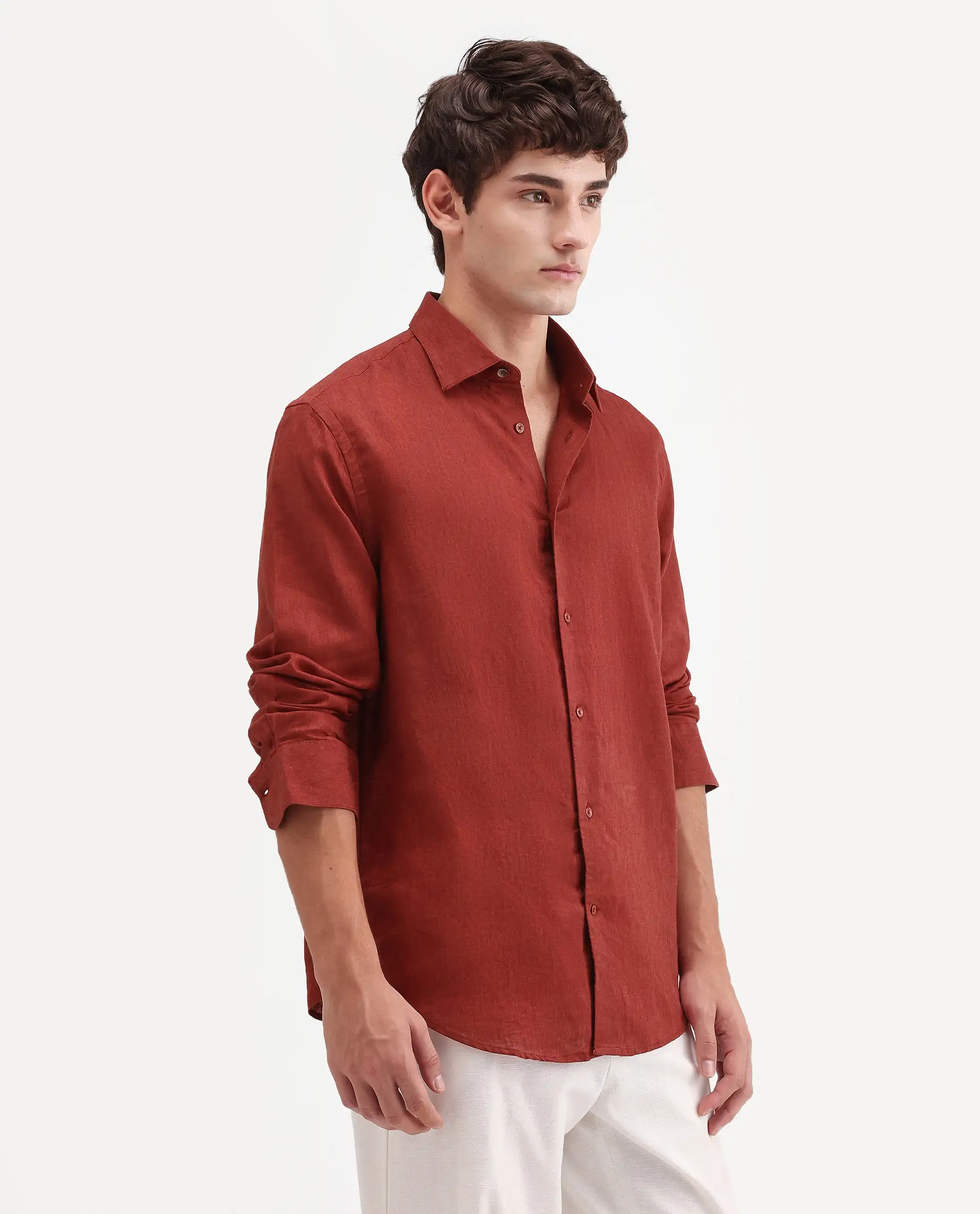 Rare Rabbit Men's Linex Ls Red Linen Blend Fabric Full Sleeve Spread Collar Regular Fit Plain Shirt - Image 5