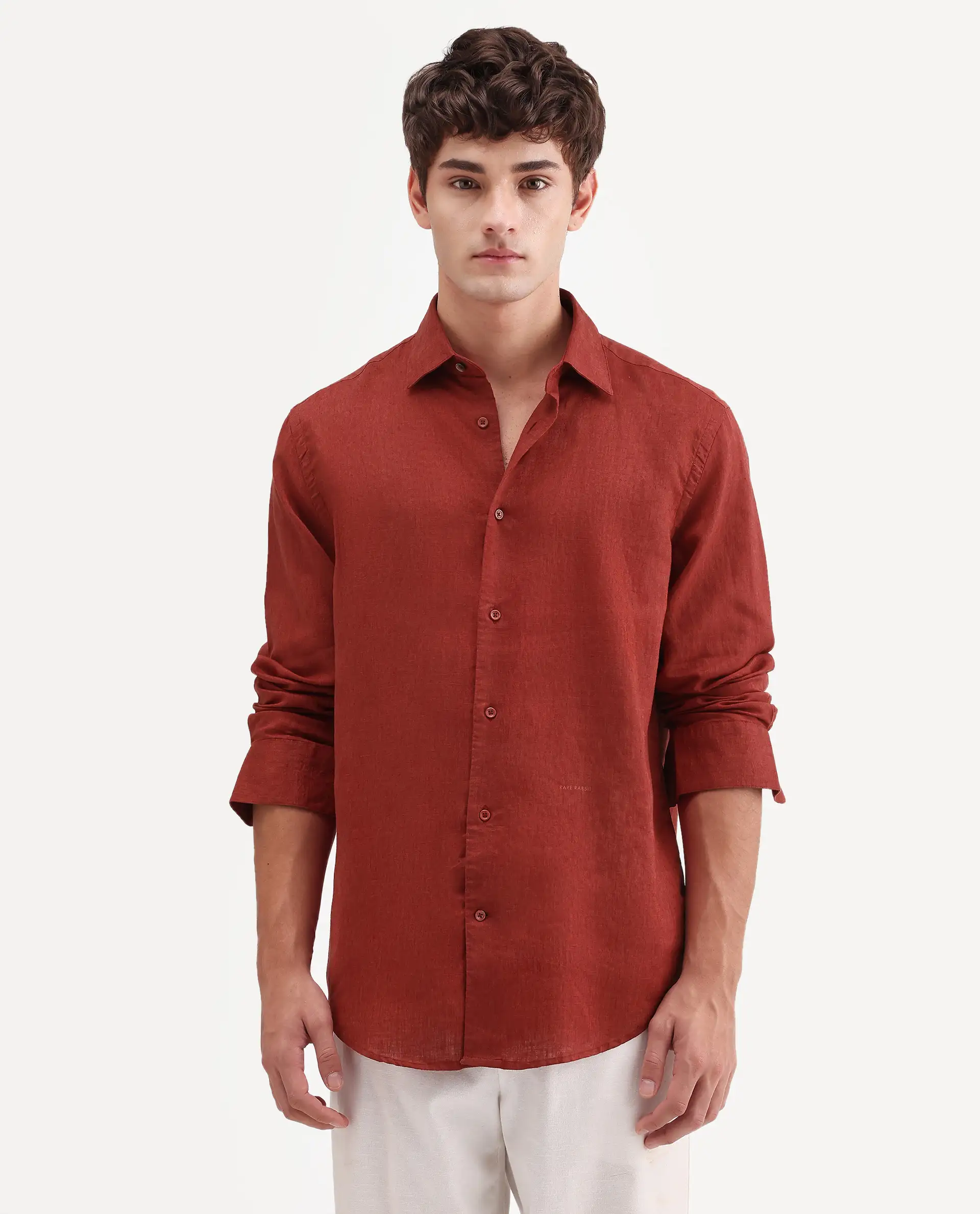 Rare Rabbit Men's Linex Ls Red Linen Blend Fabric Full Sleeve Spread Collar Regular Fit Plain Shirt - Image 6