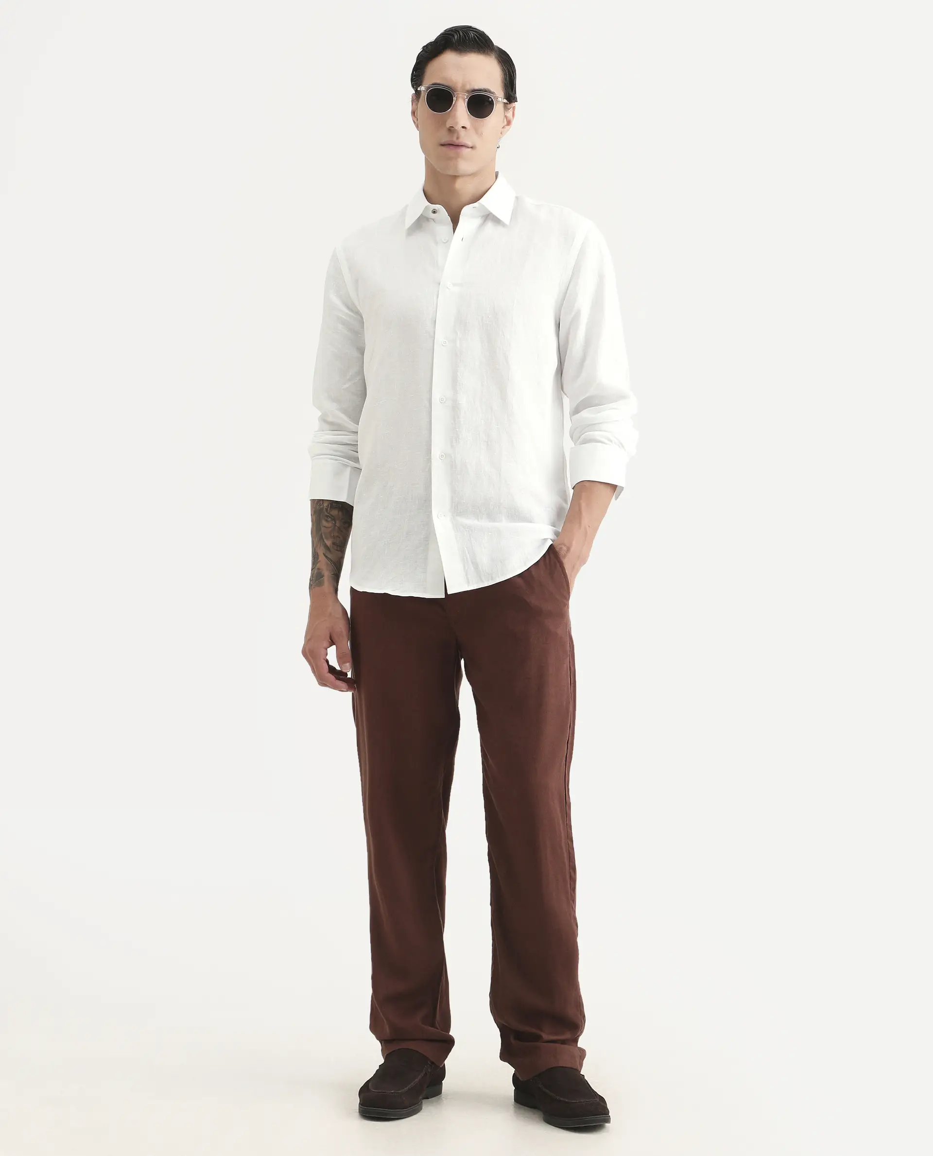 Rare Rabbit Men's Linex Ls White Linen Blend Fabric Full Sleeve Spread Collar Regular Fit Plain Shirt - Image 2
