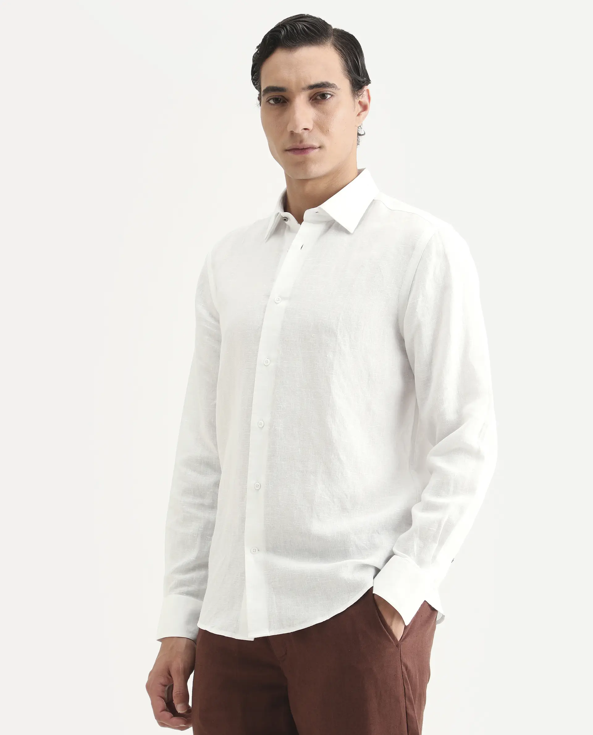 Rare Rabbit Men's Linex Ls White Linen Blend Fabric Full Sleeve Spread Collar Regular Fit Plain Shirt - Image 4