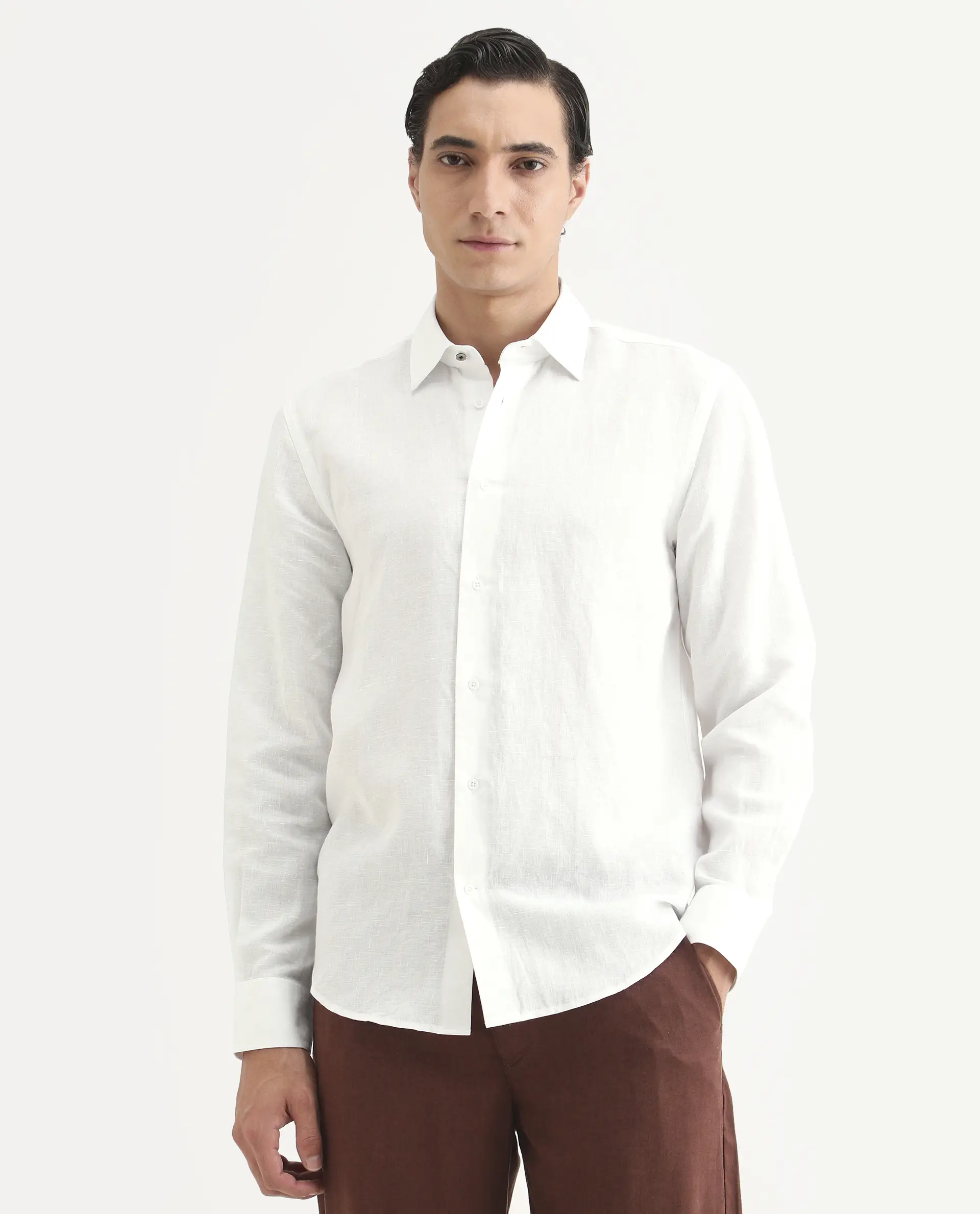 Rare Rabbit Men's Linex Ls White Linen Blend Fabric Full Sleeve Spread Collar Regular Fit Plain Shirt - Image 7