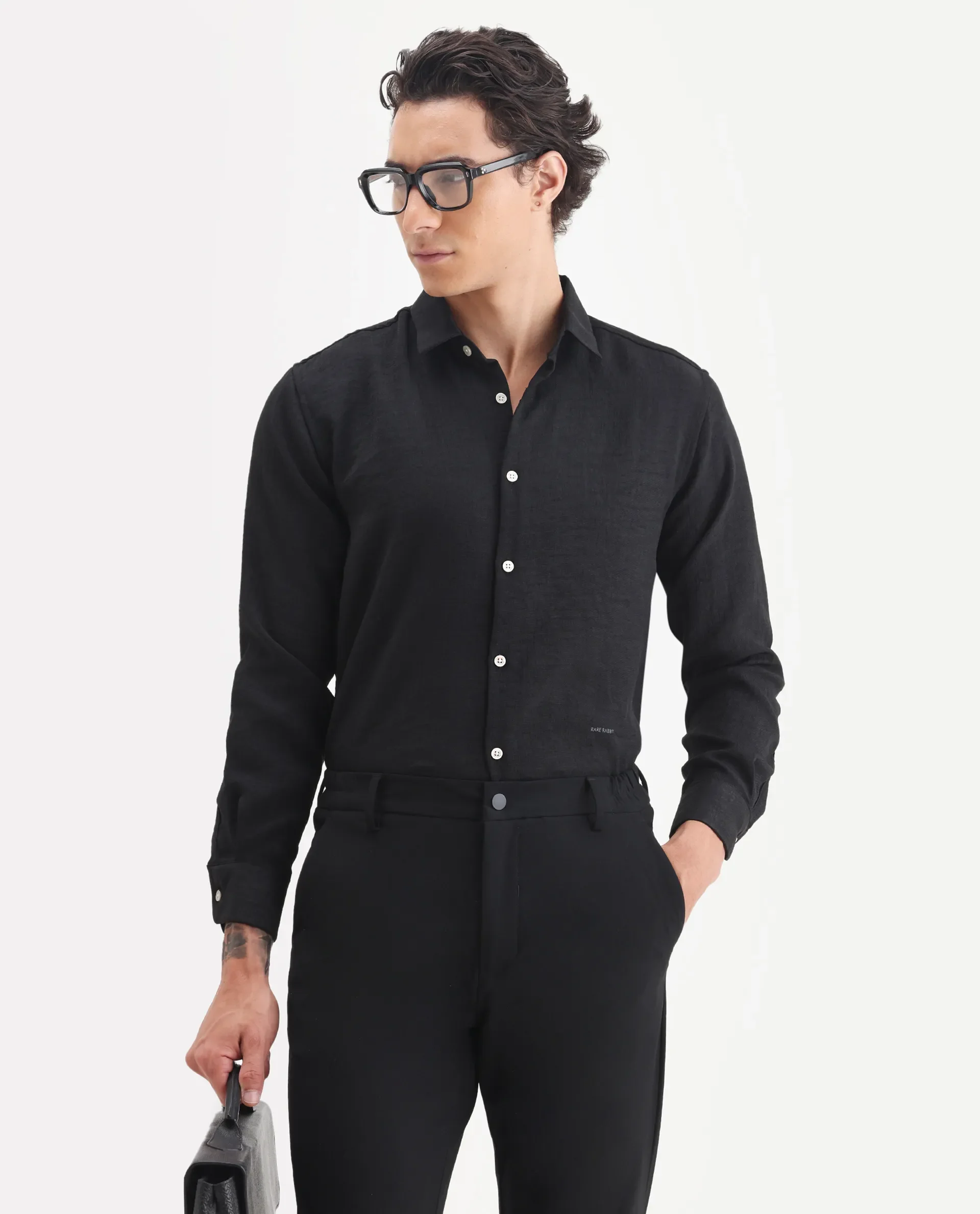 Rare Rabbit Men's Linex Black 100% Linen Plain Regular Fit Full Sleeve Collared Shirt