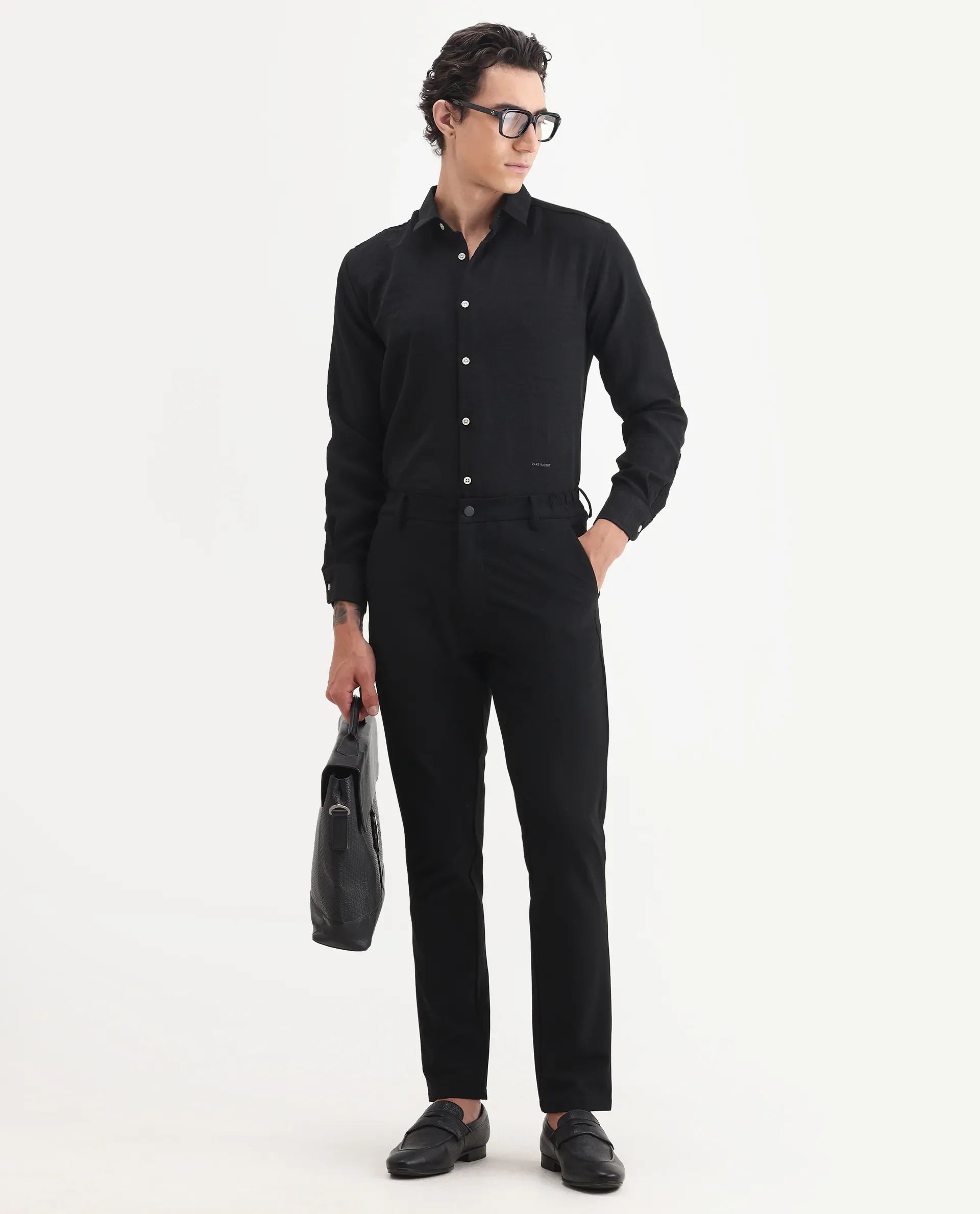 Rare Rabbit Men's Linex Black 100% Linen Plain Regular Fit Full Sleeve Collared Shirt - Image 2