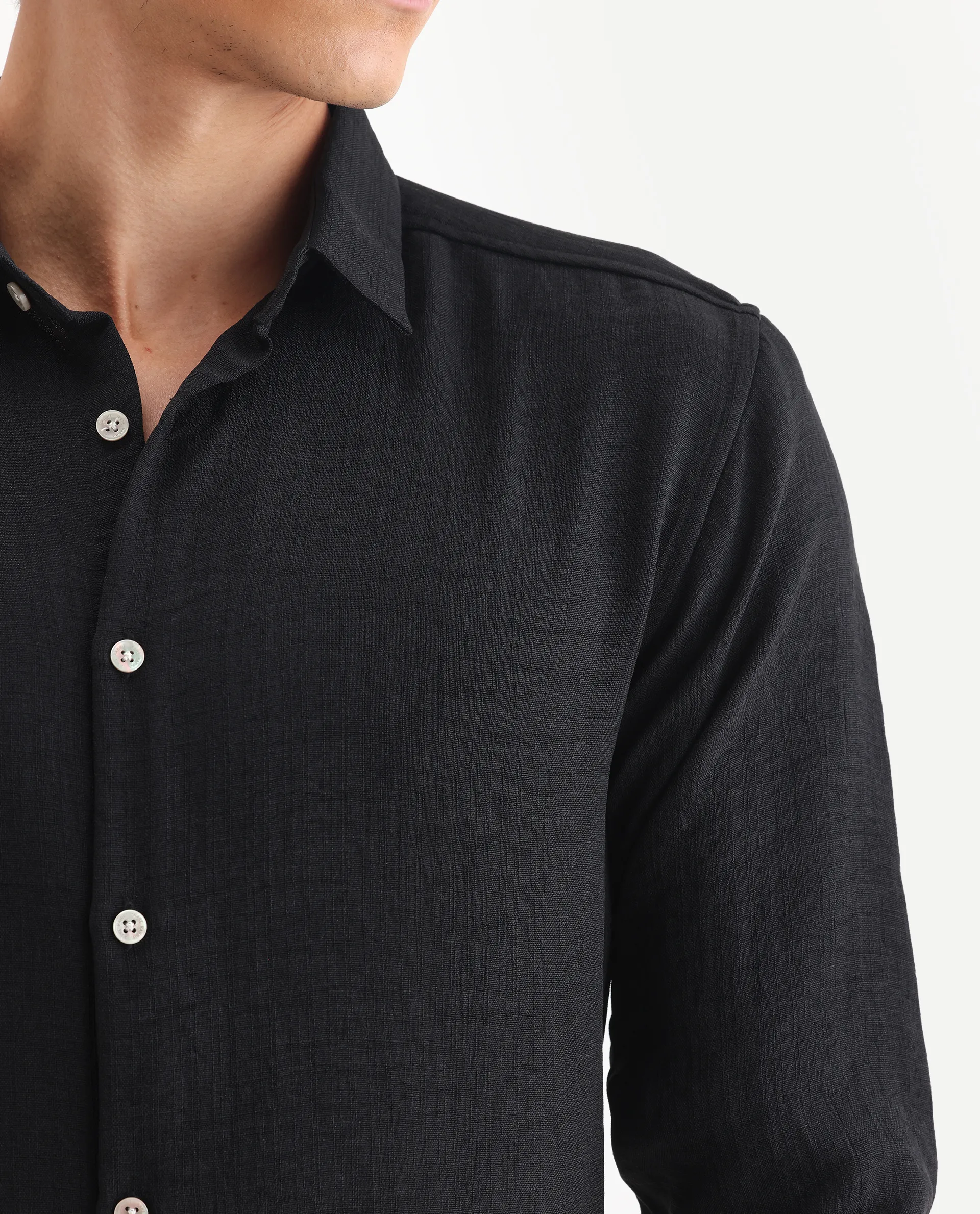 Rare Rabbit Men's Linex Black 100% Linen Plain Regular Fit Full Sleeve Collared Shirt - Image 3