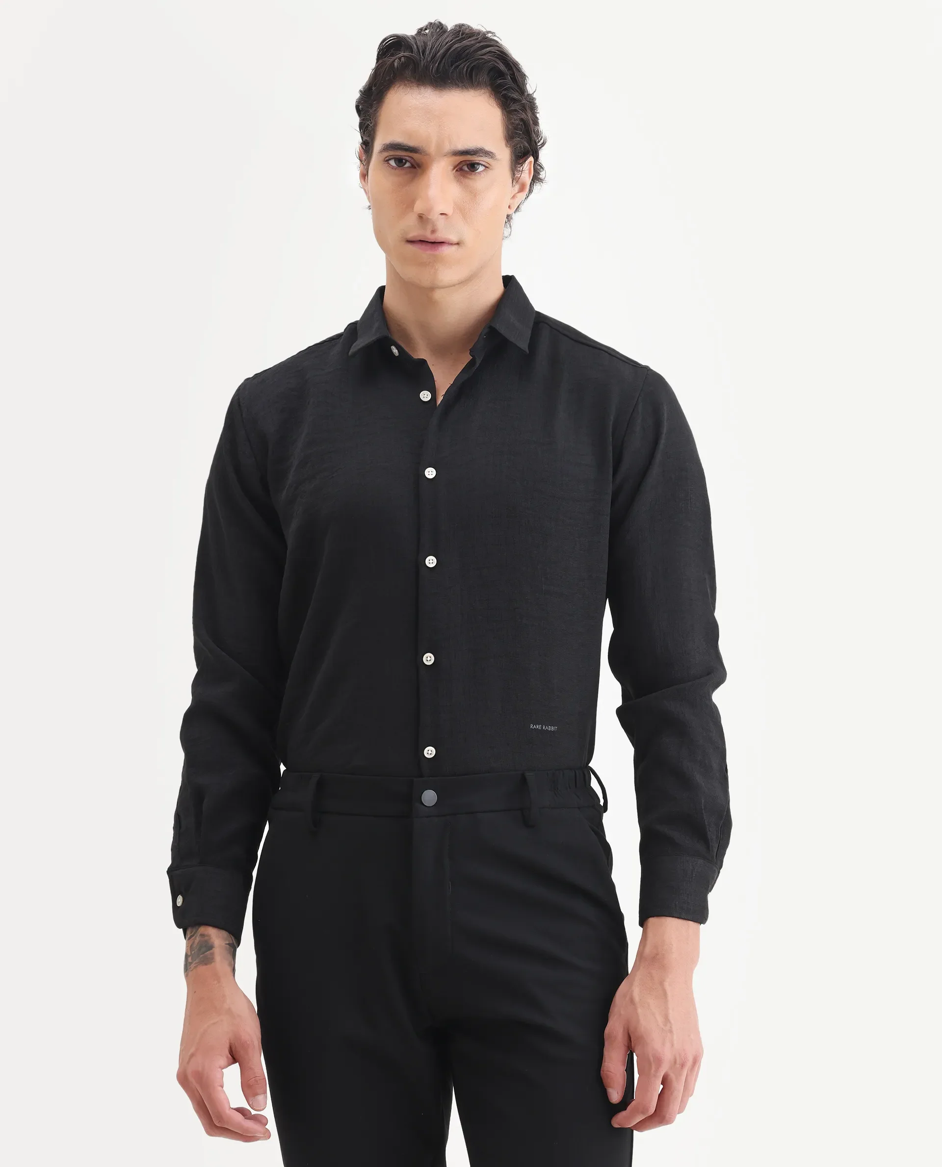 Rare Rabbit Men's Linex Black 100% Linen Plain Regular Fit Full Sleeve Collared Shirt - Image 4