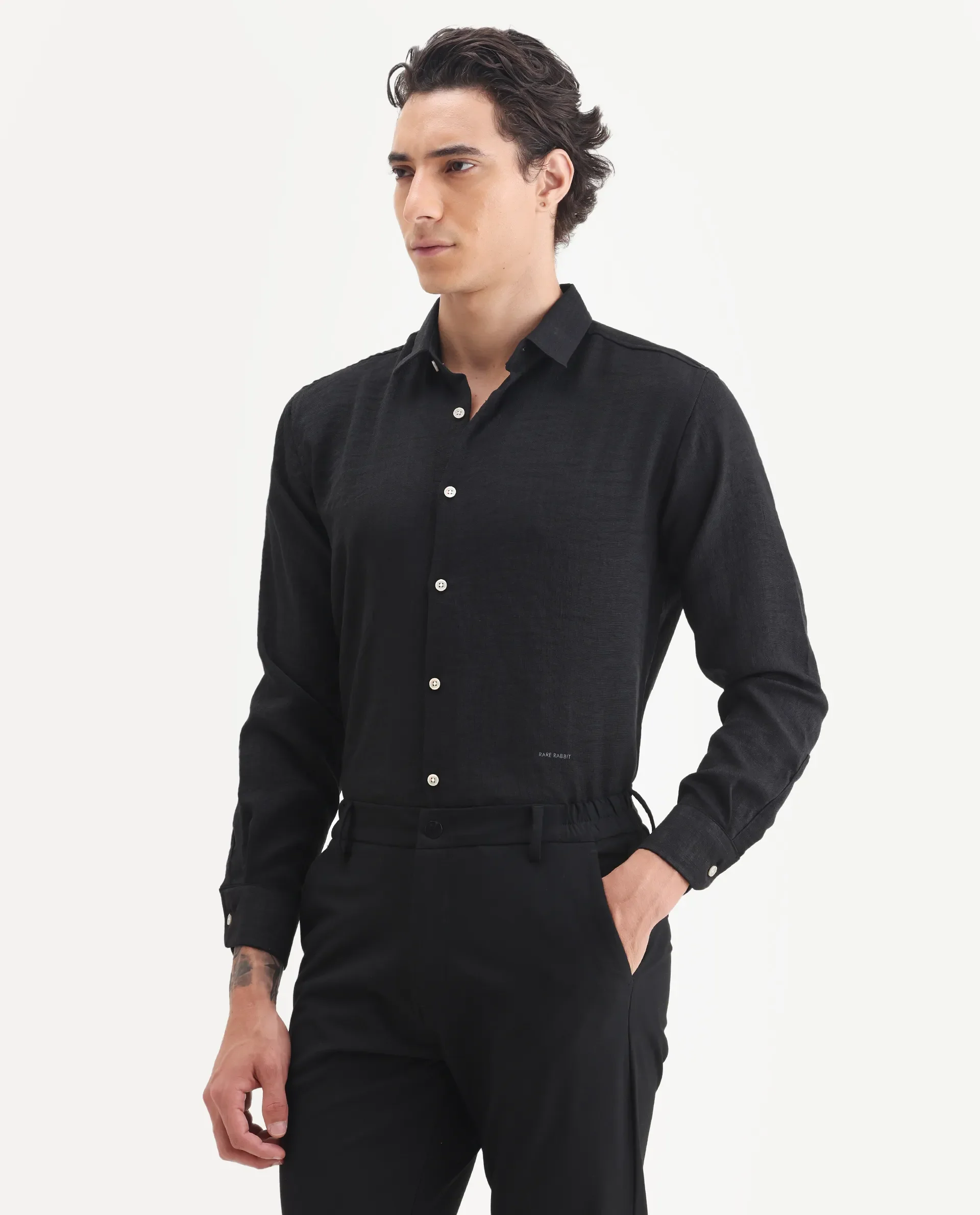 Rare Rabbit Men's Linex Black 100% Linen Plain Regular Fit Full Sleeve Collared Shirt - Image 5