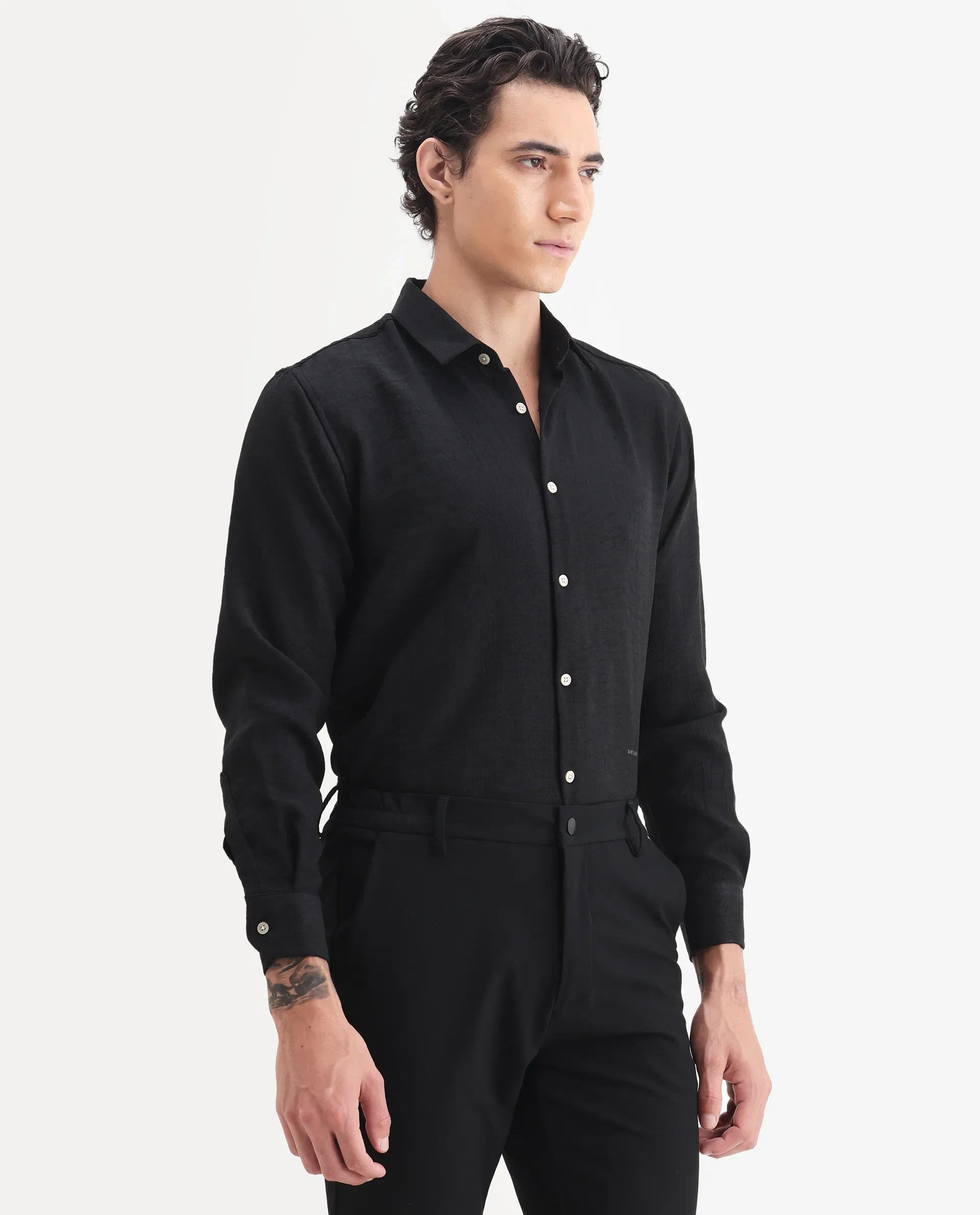 Rare Rabbit Men's Linex Black 100% Linen Plain Regular Fit Full Sleeve Collared Shirt - Image 6