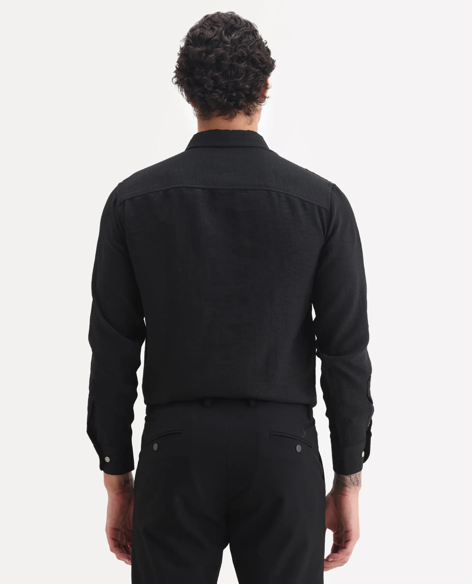 Rare Rabbit Men's Linex Black 100% Linen Plain Regular Fit Full Sleeve Collared Shirt - Image 7