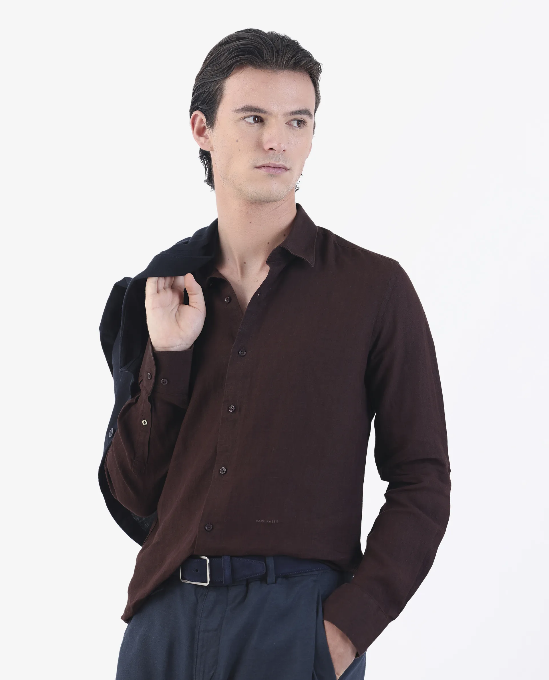Rare Rabbit Men's Linex Dark Brown 100% Linen Plain Regular Fit Full Sleeve Spread Collar Shirt