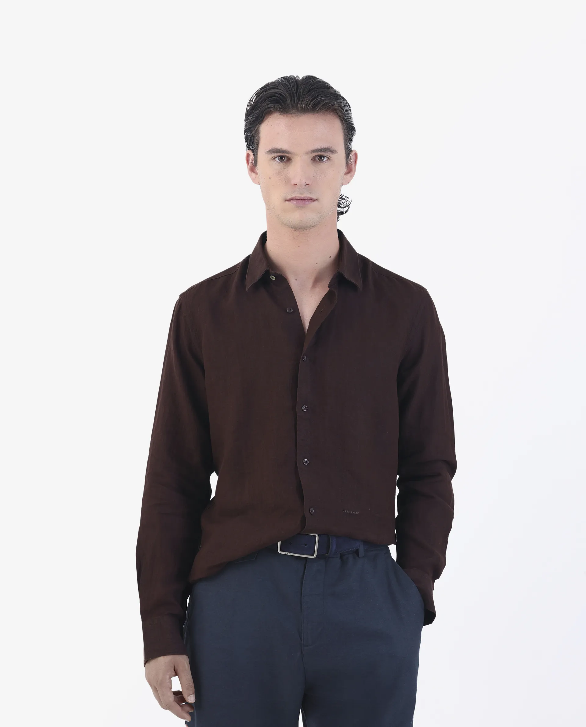 Rare Rabbit Men's Linex Dark Brown 100% Linen Plain Regular Fit Full Sleeve Spread Collar Shirt - Image 2