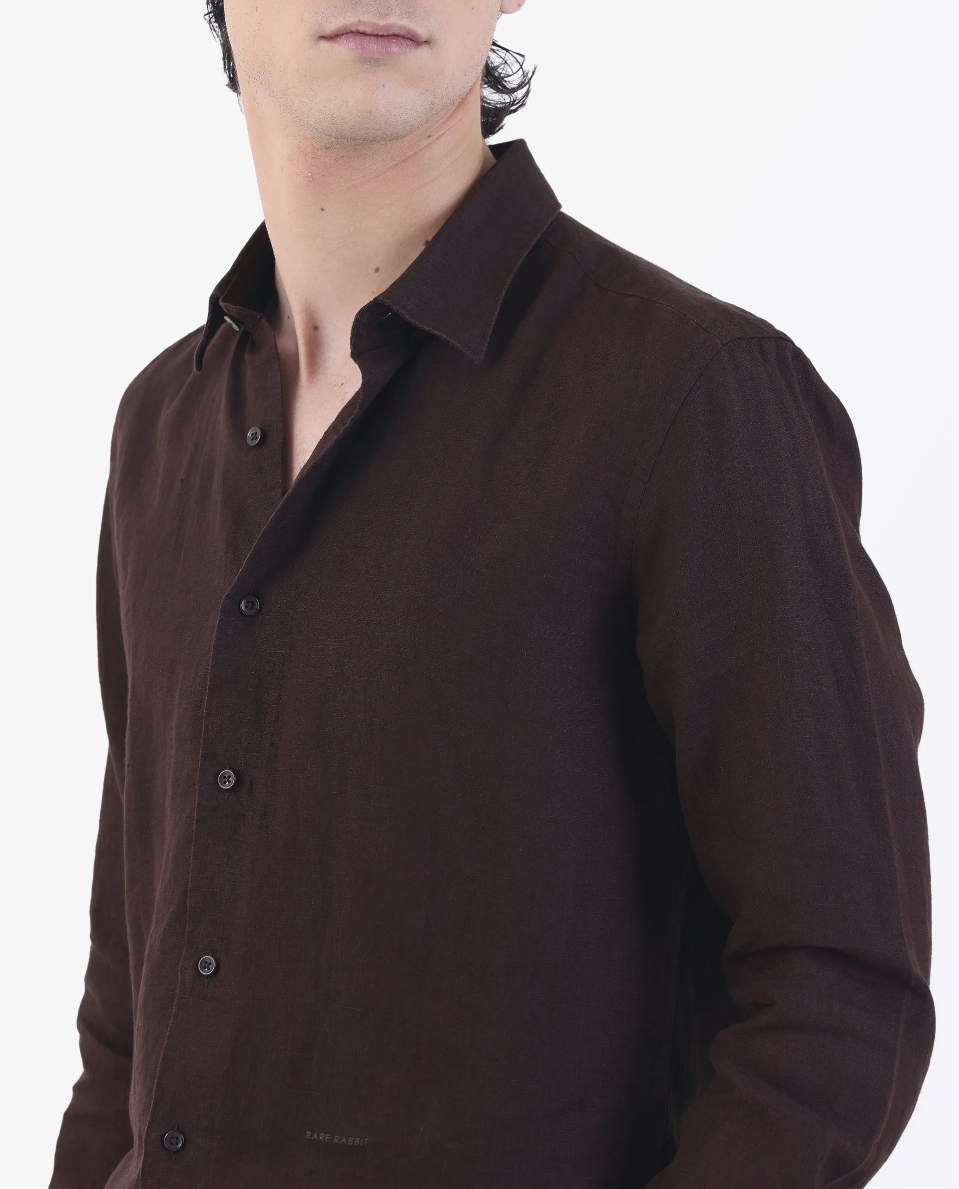 Rare Rabbit Men's Linex Dark Brown 100% Linen Plain Regular Fit Full Sleeve Spread Collar Shirt - Image 3