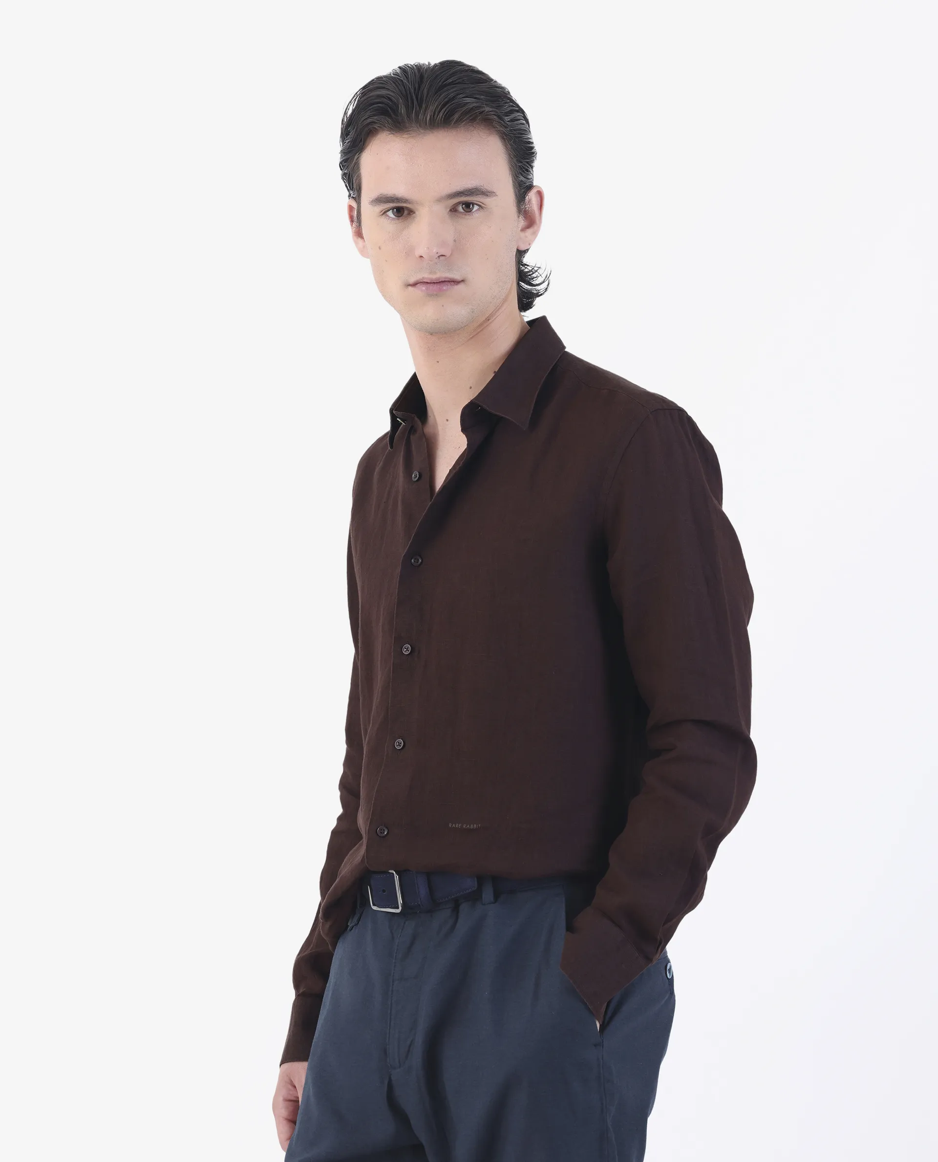 Rare Rabbit Men's Linex Dark Brown 100% Linen Plain Regular Fit Full Sleeve Spread Collar Shirt - Image 5