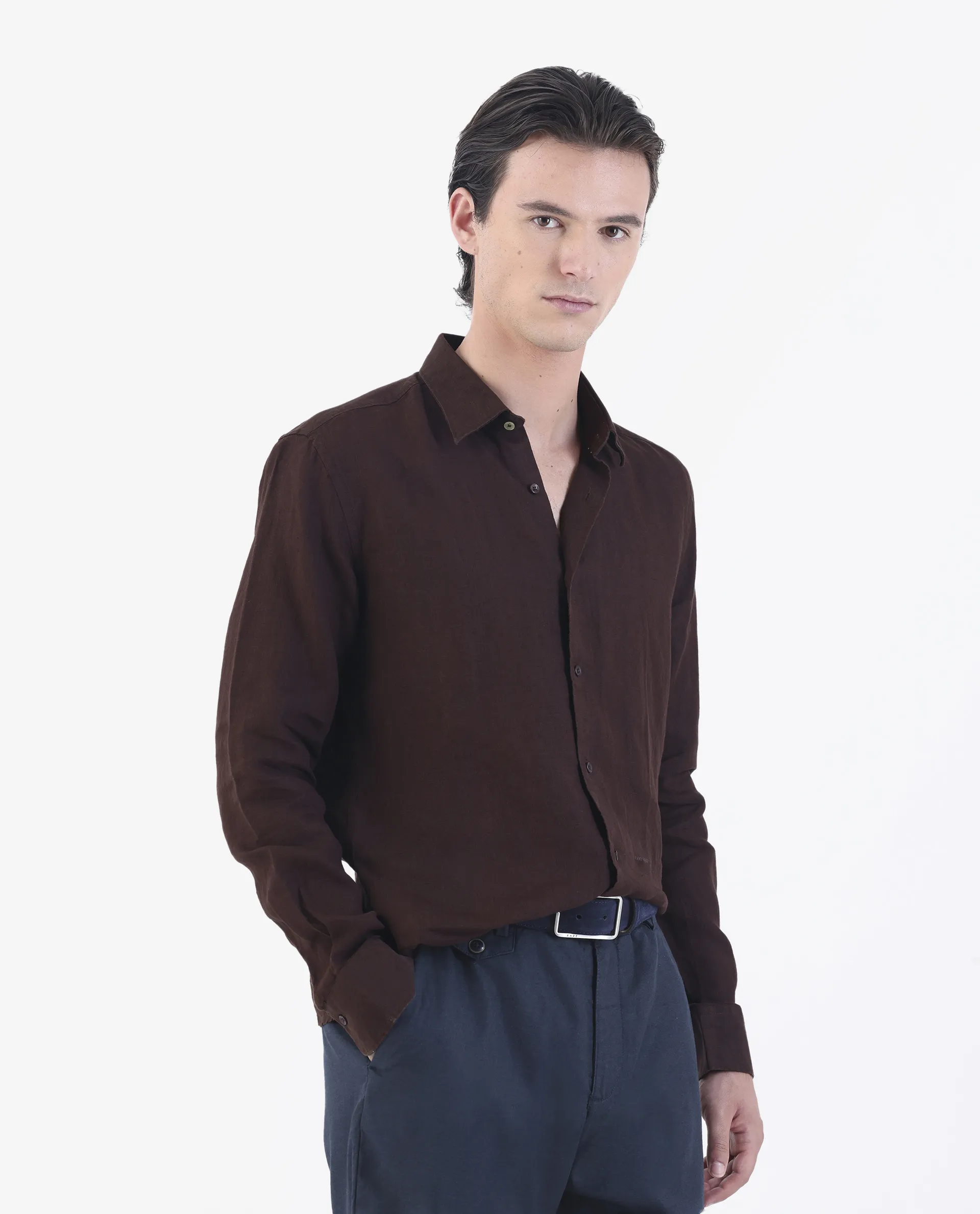 Rare Rabbit Men's Linex Dark Brown 100% Linen Plain Regular Fit Full Sleeve Spread Collar Shirt - Image 6