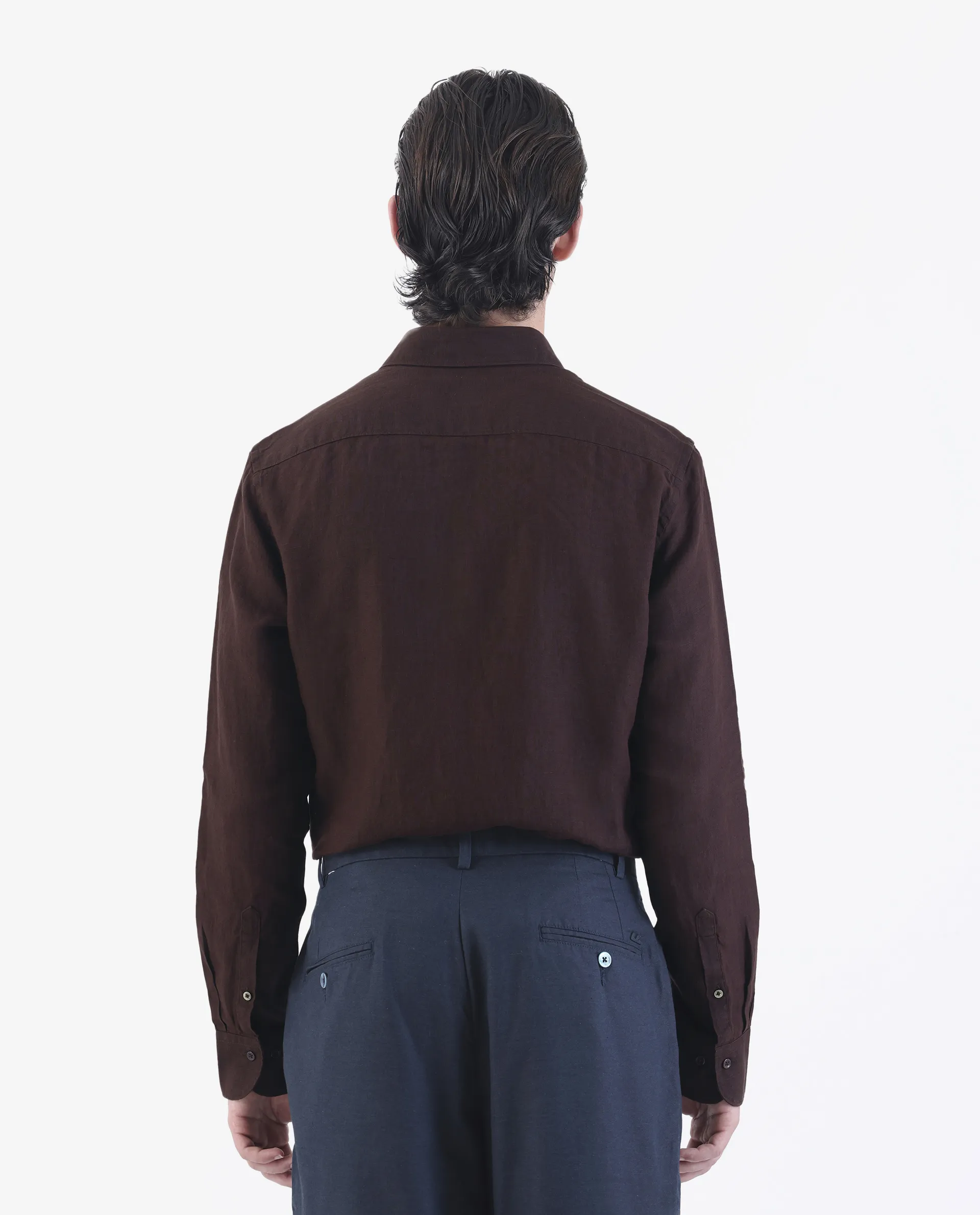 Rare Rabbit Men's Linex Dark Brown 100% Linen Plain Regular Fit Full Sleeve Spread Collar Shirt - Image 8