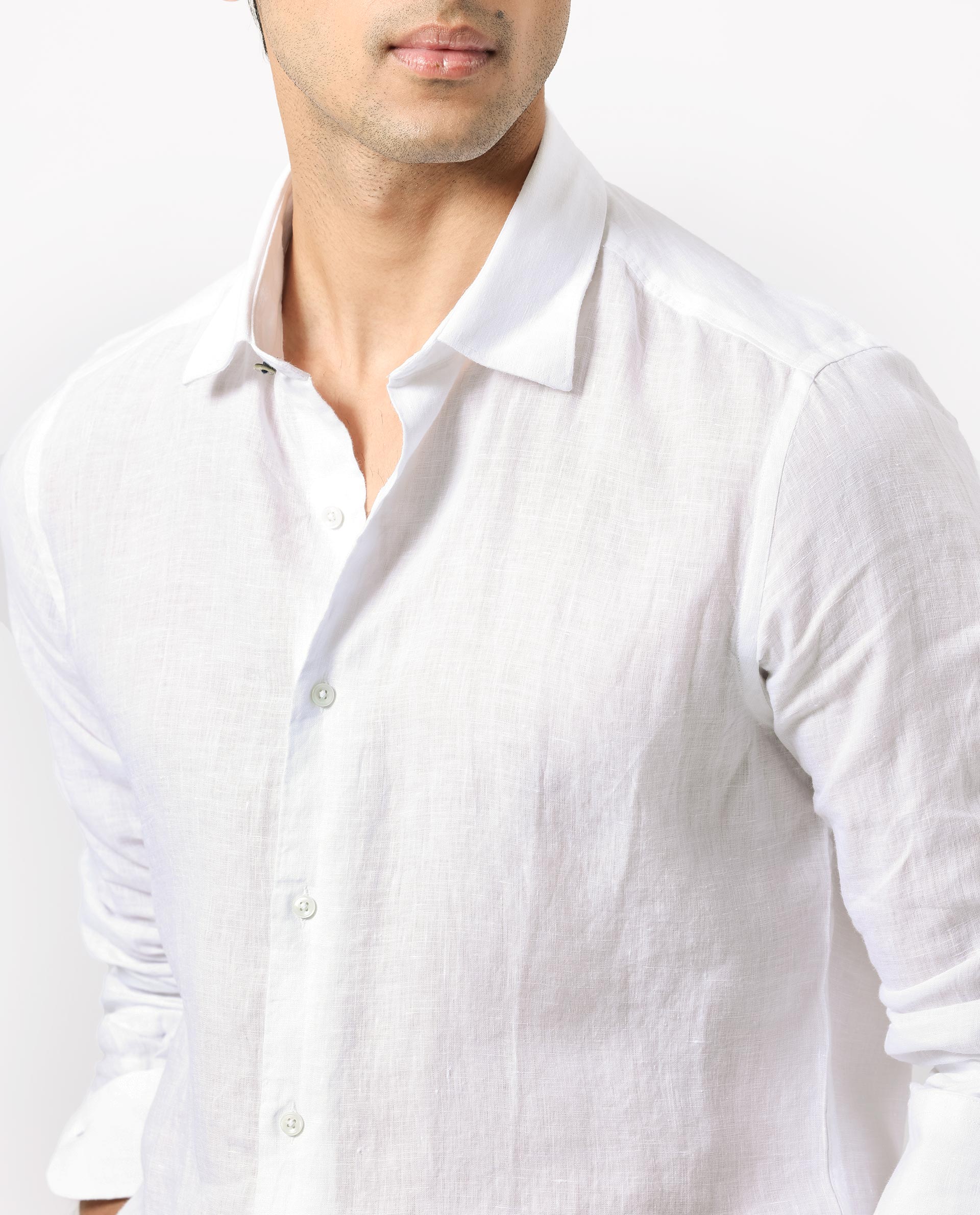 Rare Rabbit Men's Linex White Linen Plain Regular Fit Full Sleeve Collared Shirt - Image 4