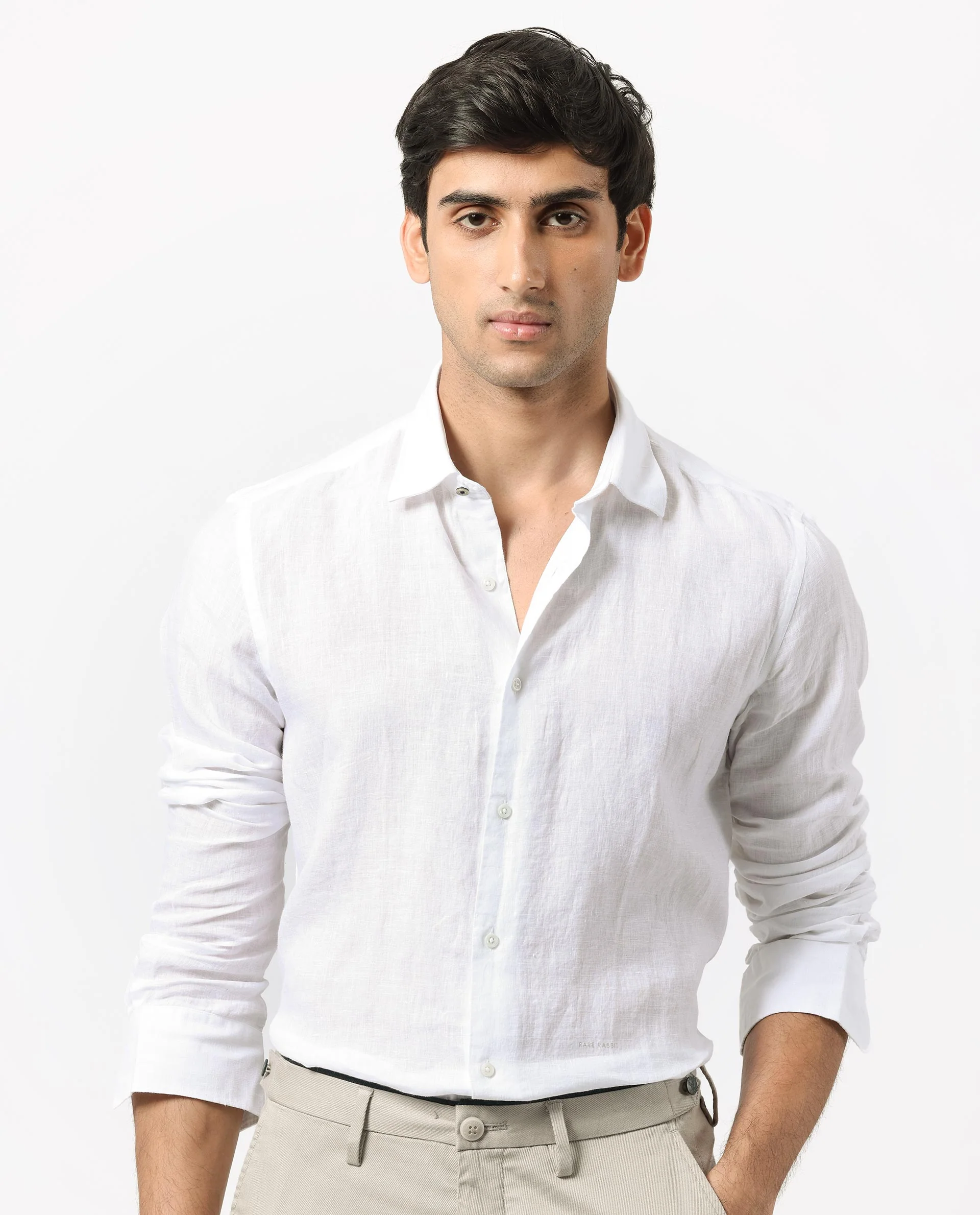Rare Rabbit Men's Linex White Linen Plain Regular Fit Full Sleeve Collared Shirt - Image 5
