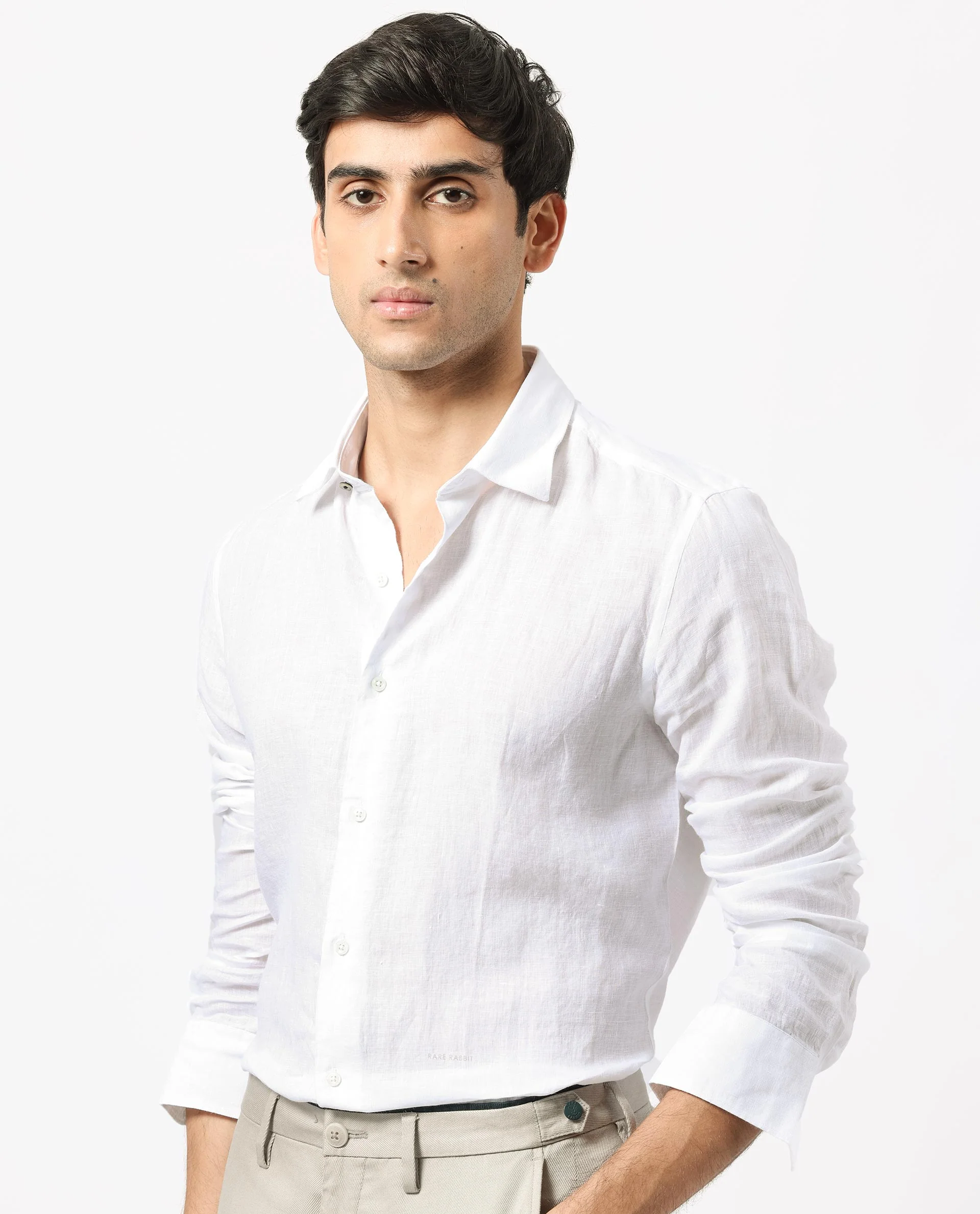 Rare Rabbit Men's Linex White Linen Plain Regular Fit Full Sleeve Collared Shirt - Image 7