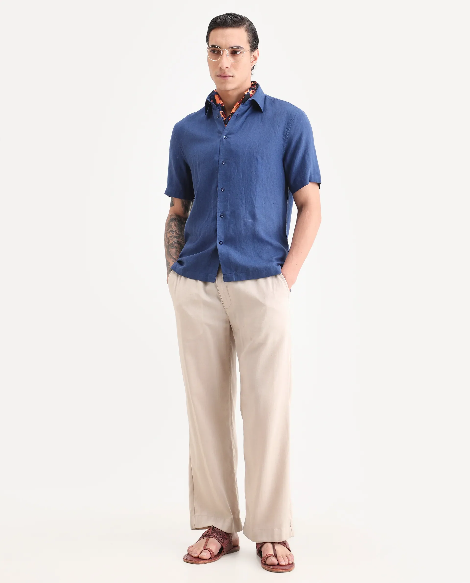 Rare Rabbit Men's Linex Ss Blue Linen Blend Fabric Half Sleeve Spread Collar Regular Plain Shirt - Image 2