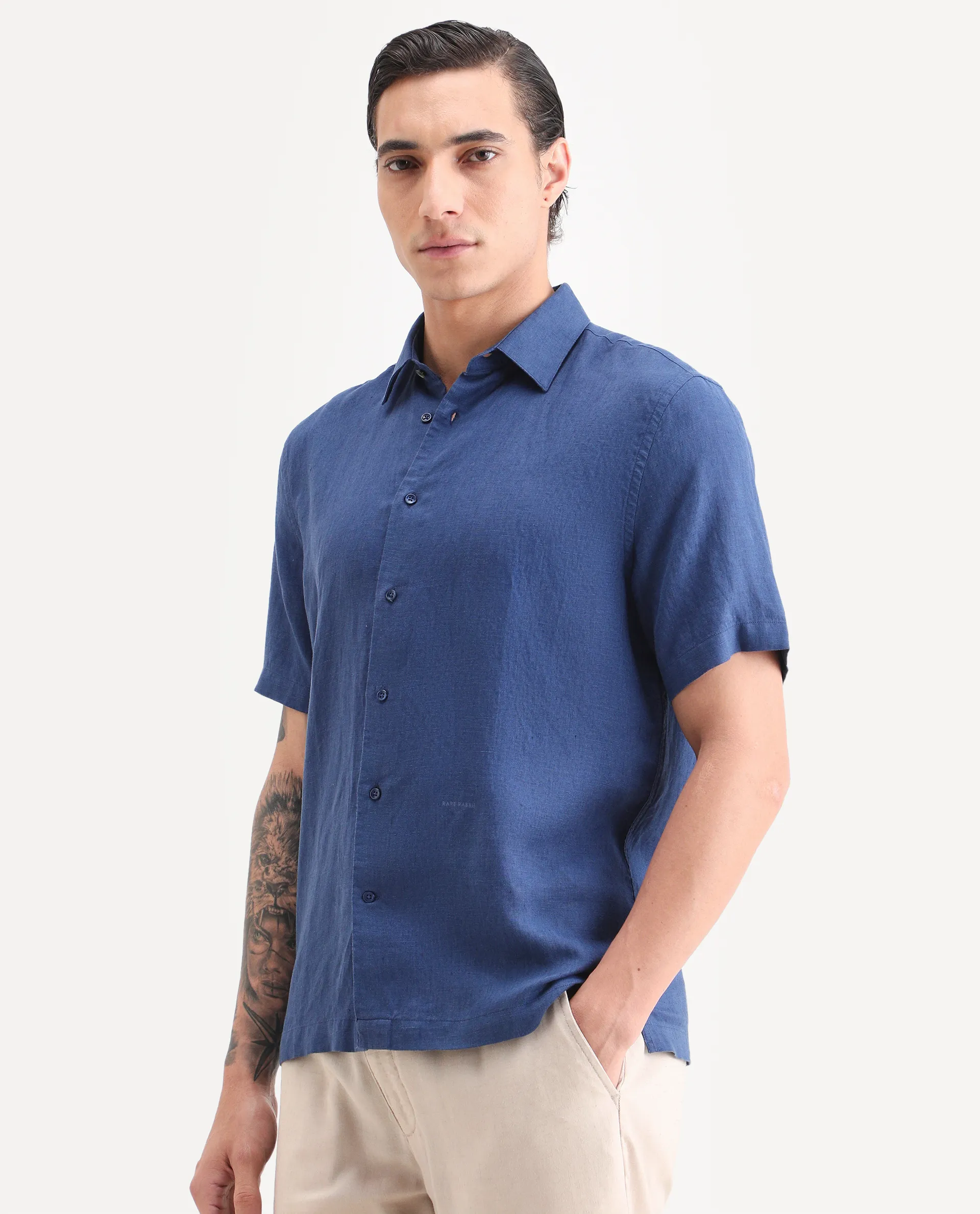Rare Rabbit Men's Linex Ss Blue Linen Blend Fabric Half Sleeve Spread Collar Regular Plain Shirt - Image 4