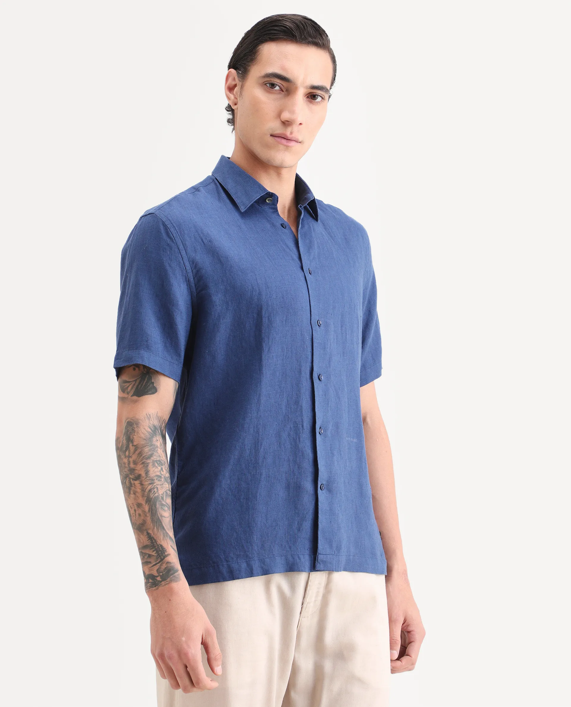 Rare Rabbit Men's Linex Ss Blue Linen Blend Fabric Half Sleeve Spread Collar Regular Plain Shirt - Image 5