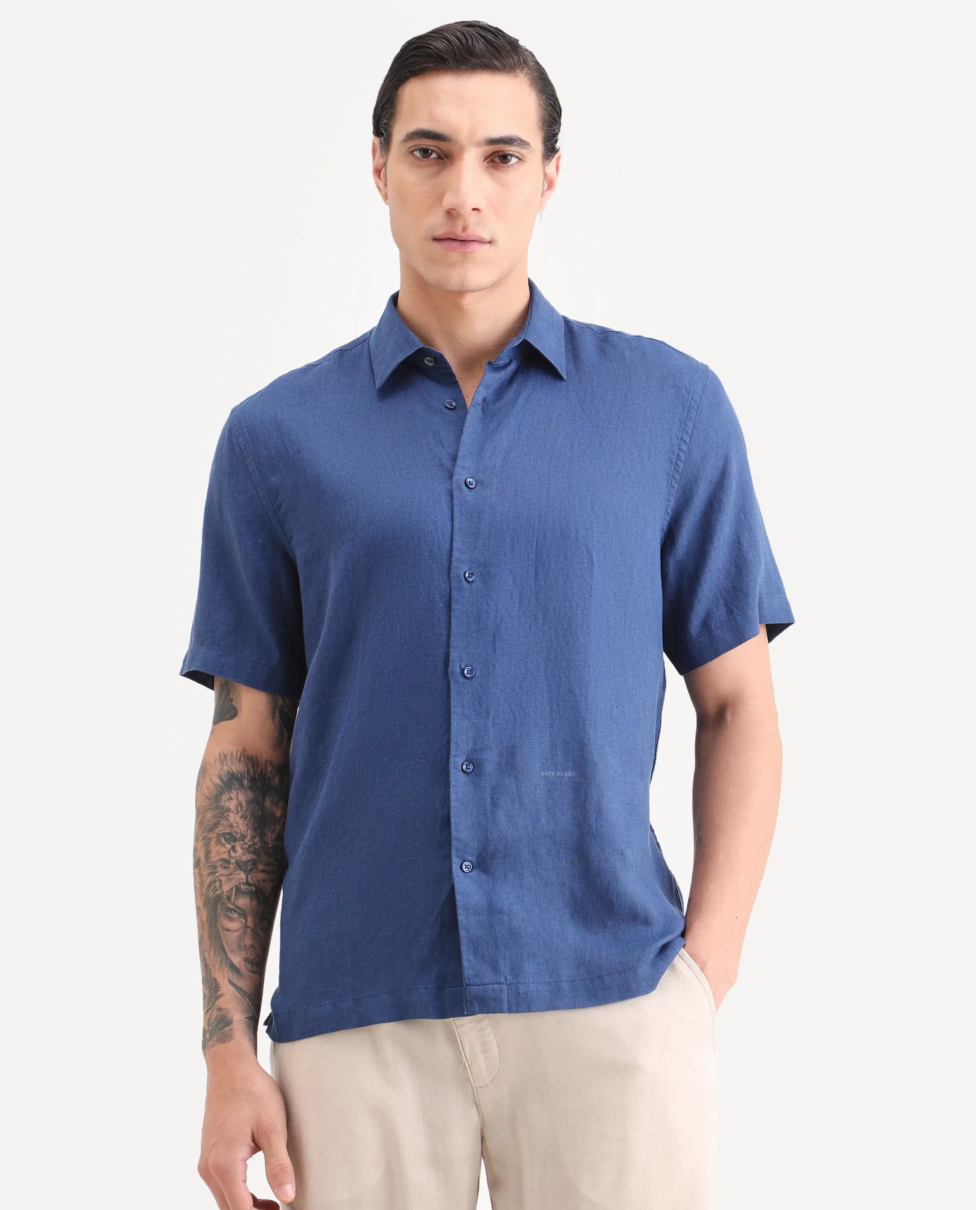 Rare Rabbit Men's Linex Ss Blue Linen Blend Fabric Half Sleeve Spread Collar Regular Plain Shirt - Image 6