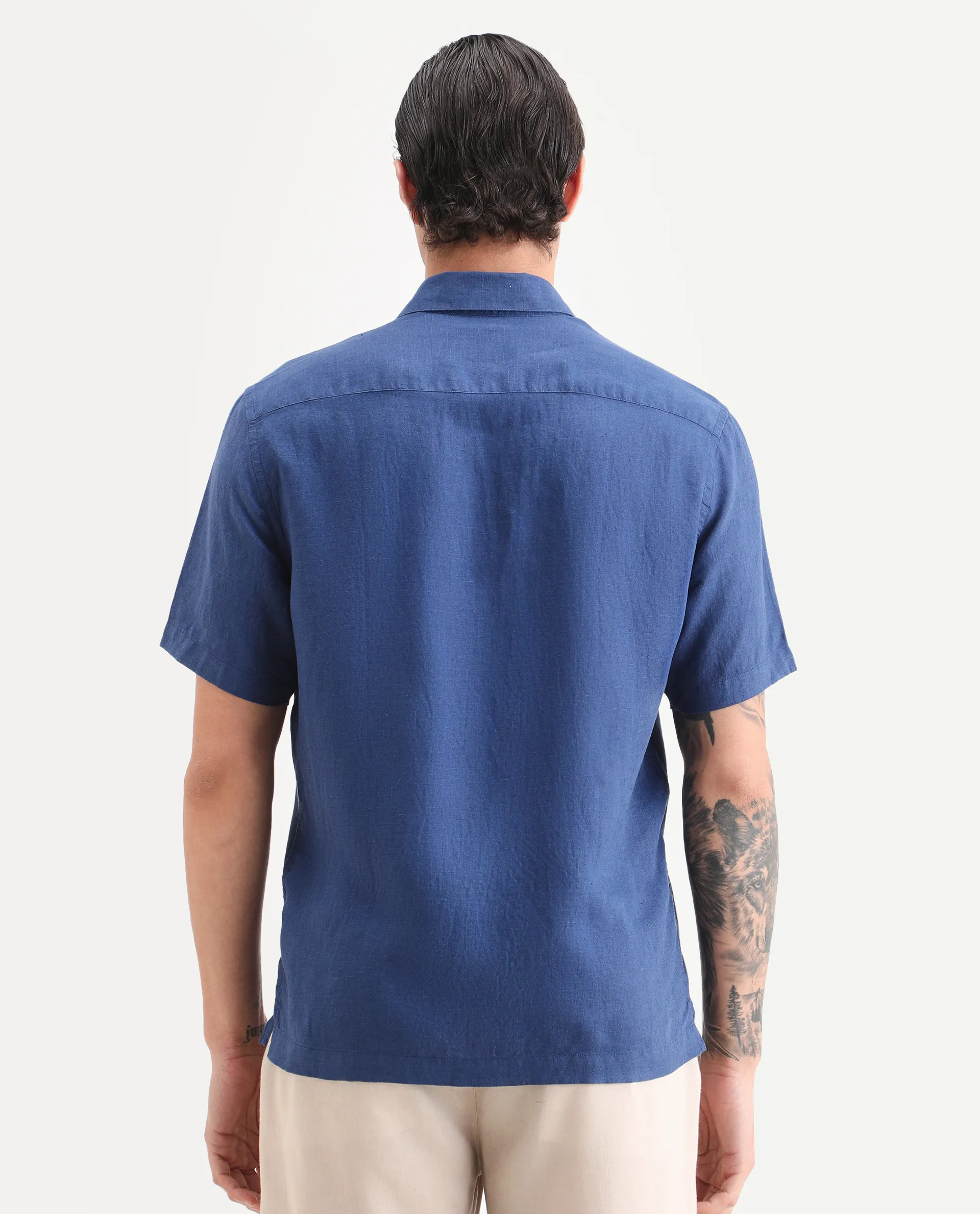 Rare Rabbit Men's Linex Ss Blue Linen Blend Fabric Half Sleeve Spread Collar Regular Plain Shirt - Image 7