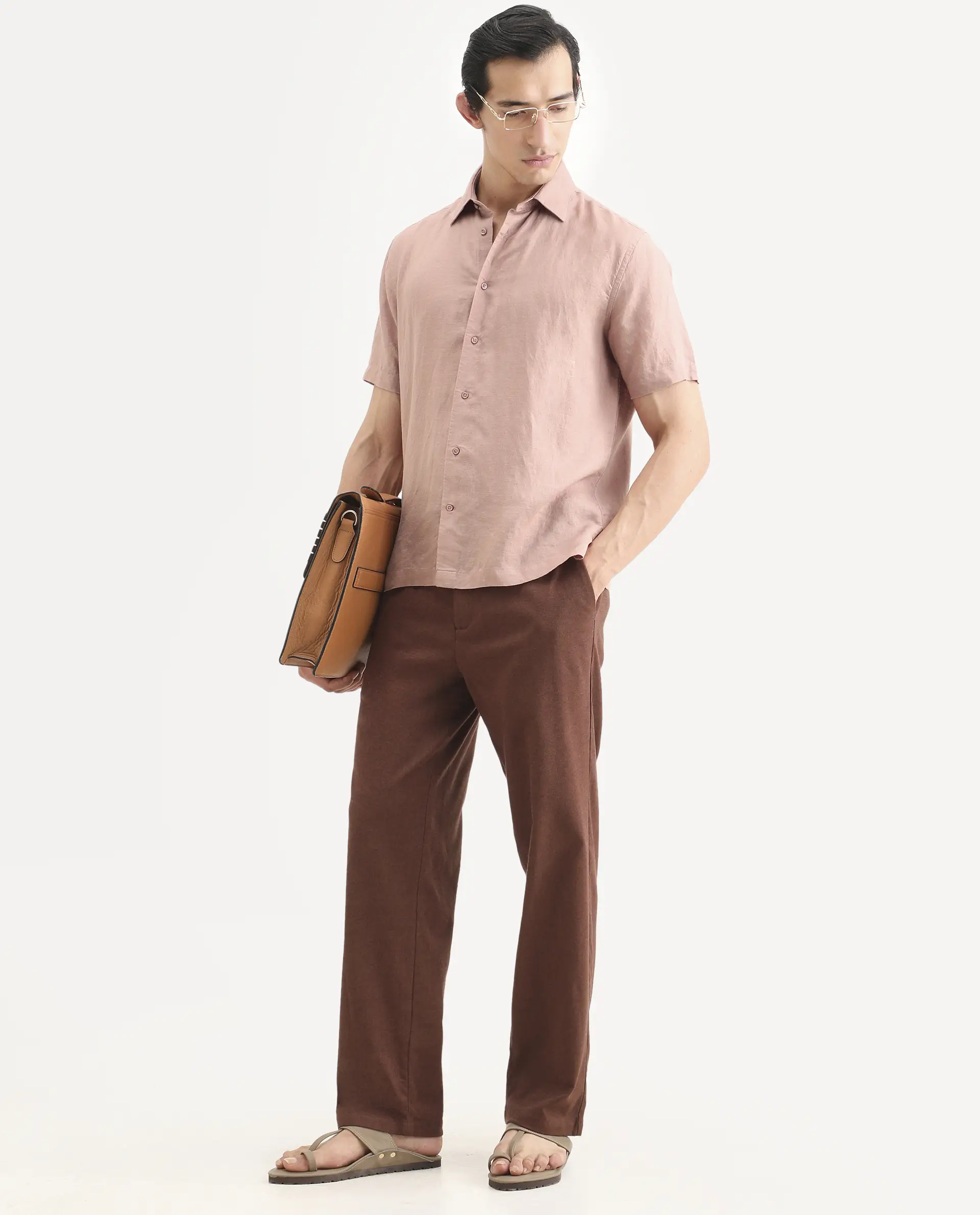 Rare Rabbit Men's Linex Ss Dusky Peach Linen Blend Fabric Half Sleeve Spread Collar Regular Plain Shirt - Image 2