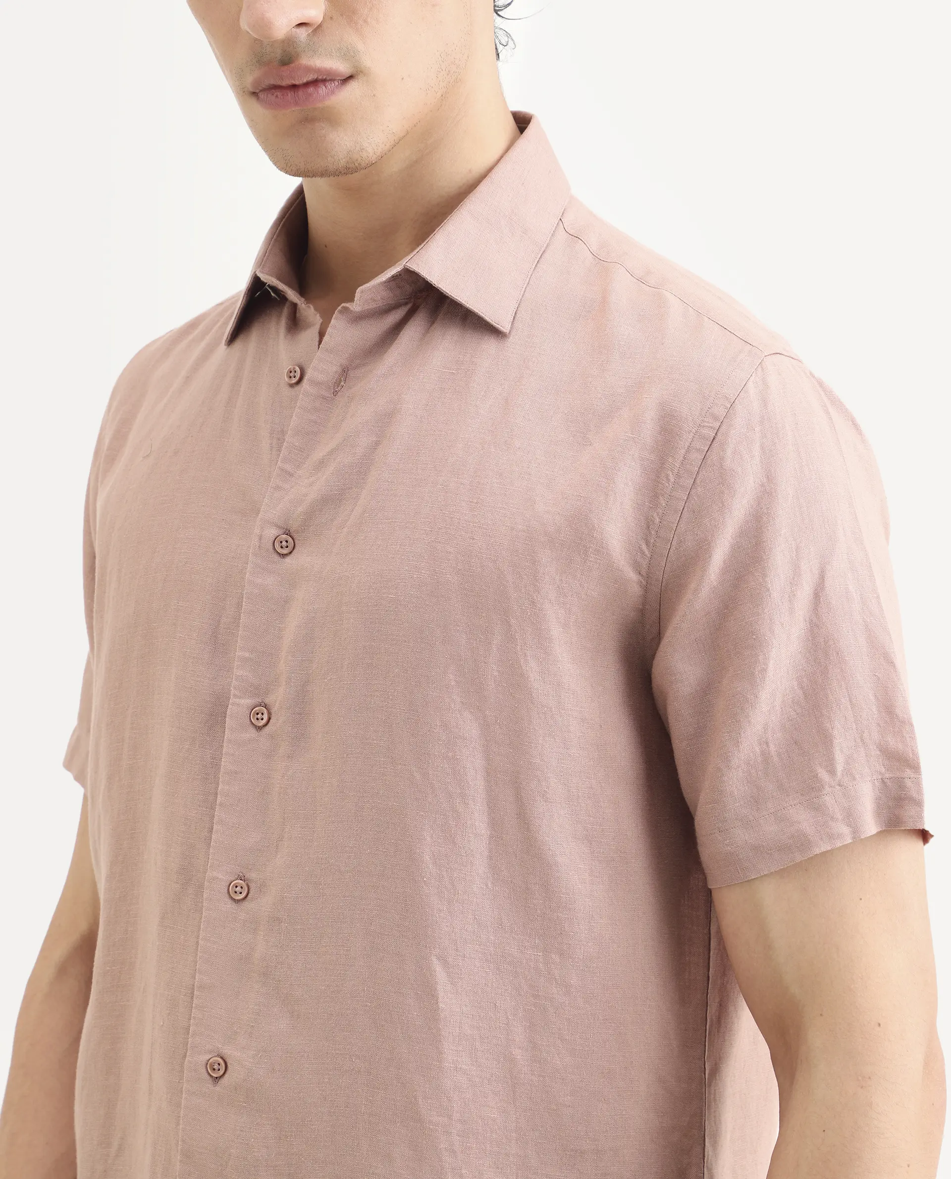 Rare Rabbit Men's Linex Ss Dusky Peach Linen Blend Fabric Half Sleeve Spread Collar Regular Plain Shirt - Image 3