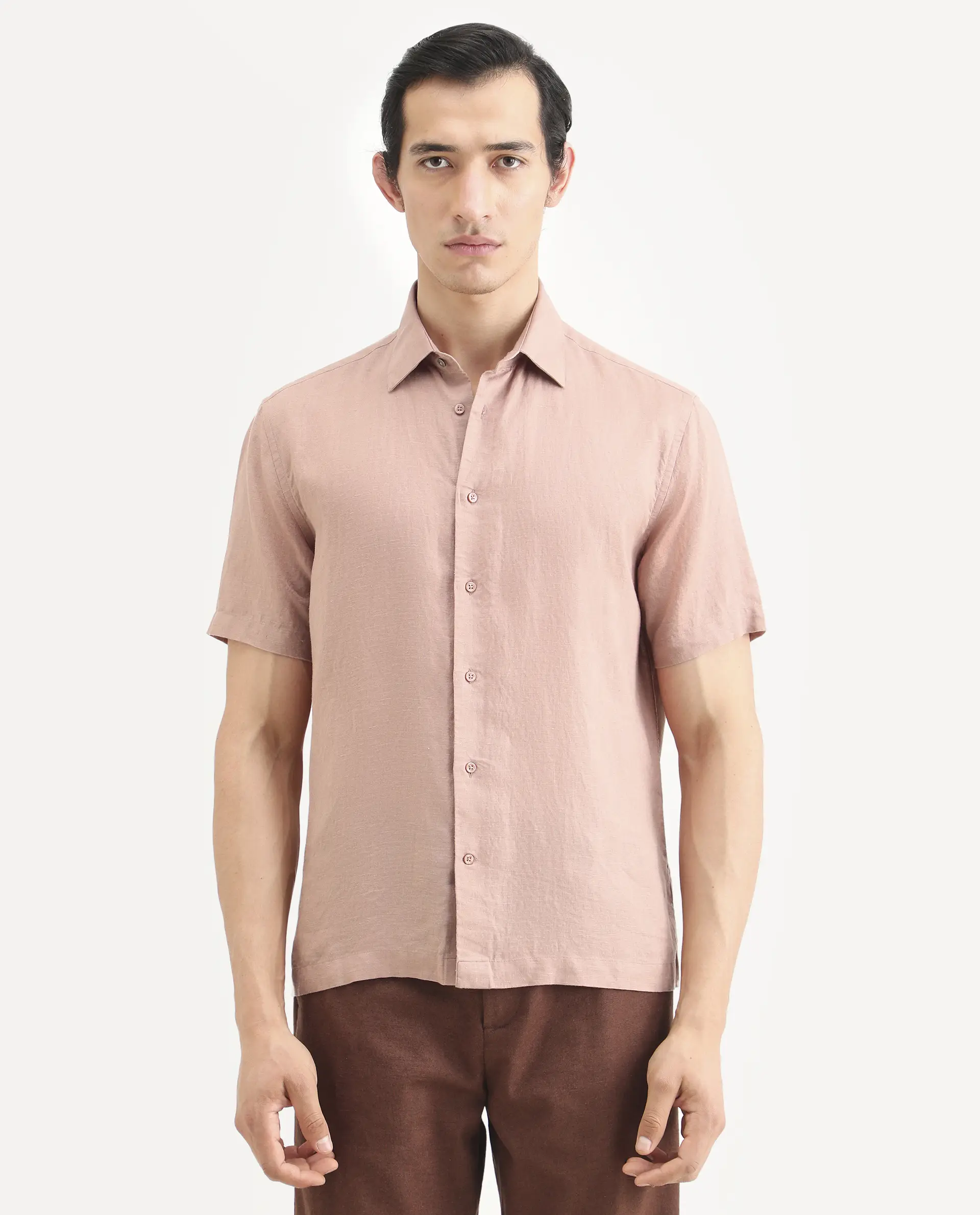 Rare Rabbit Men's Linex Ss Dusky Peach Linen Blend Fabric Half Sleeve Spread Collar Regular Plain Shirt - Image 4