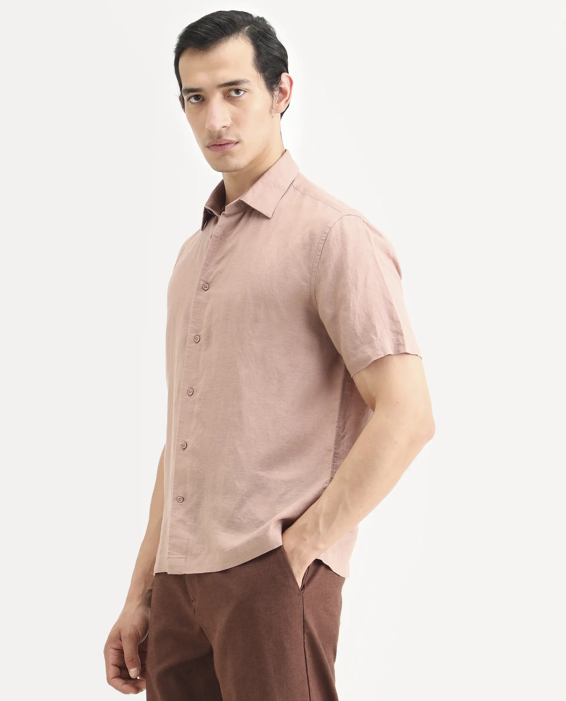 Rare Rabbit Men's Linex Ss Dusky Peach Linen Blend Fabric Half Sleeve Spread Collar Regular Plain Shirt - Image 5