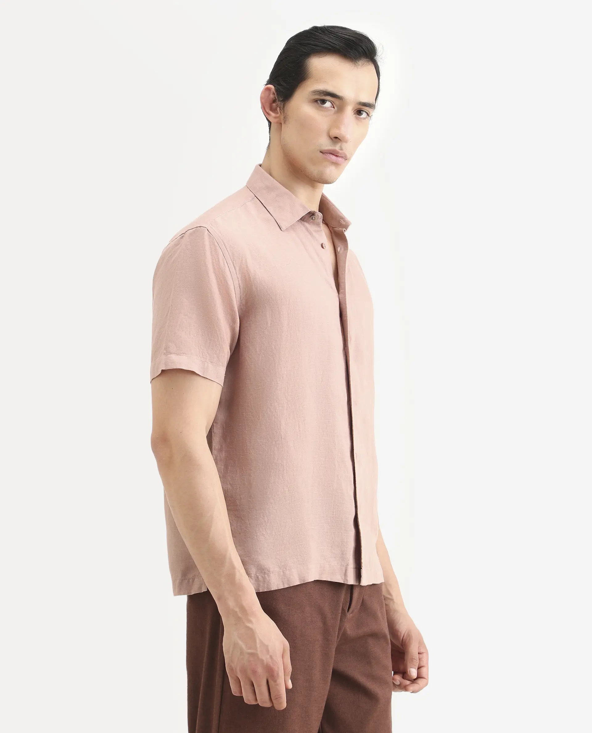 Rare Rabbit Men's Linex Ss Dusky Peach Linen Blend Fabric Half Sleeve Spread Collar Regular Plain Shirt - Image 6
