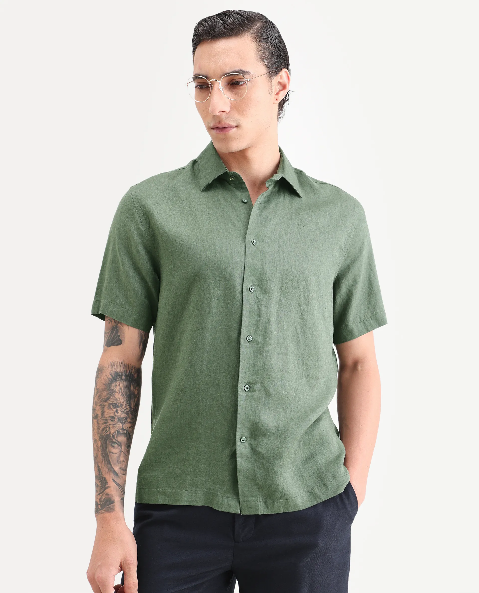Rare Rabbit Men's Linex Ss Green Linen Blend Fabric Half Sleeve Spread Collar Regular Plain Shirt