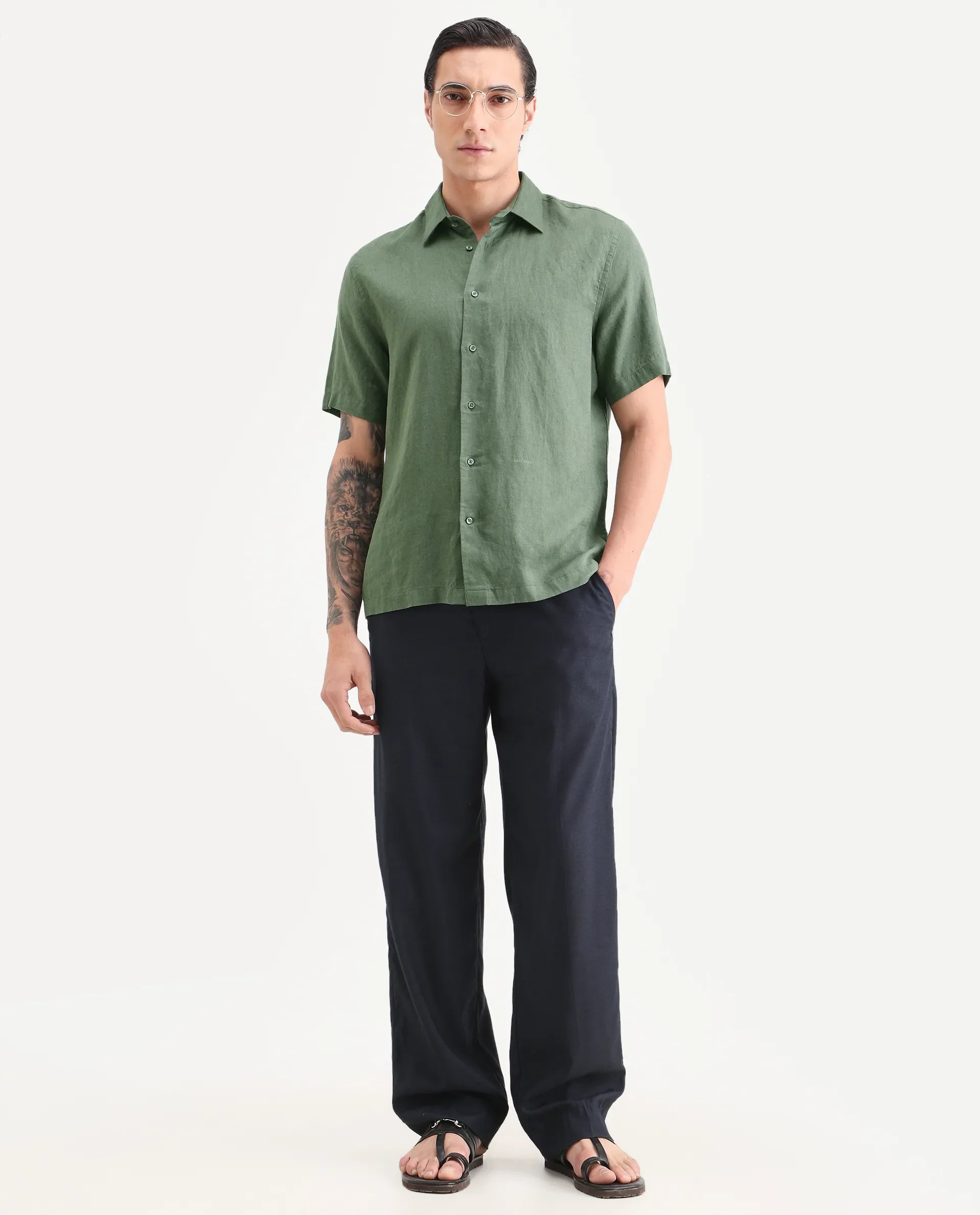 Rare Rabbit Men's Linex Ss Green Linen Blend Fabric Half Sleeve Spread Collar Regular Plain Shirt - Image 2