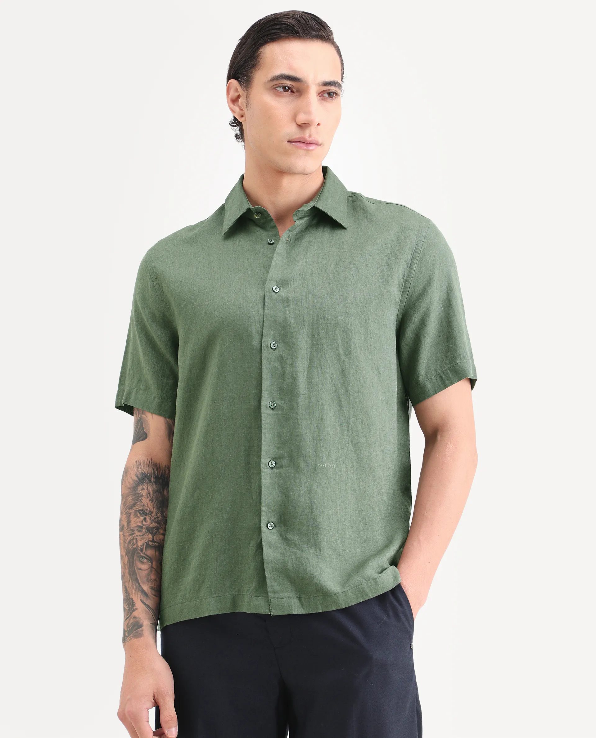 Rare Rabbit Men's Linex Ss Green Linen Blend Fabric Half Sleeve Spread Collar Regular Plain Shirt - Image 4