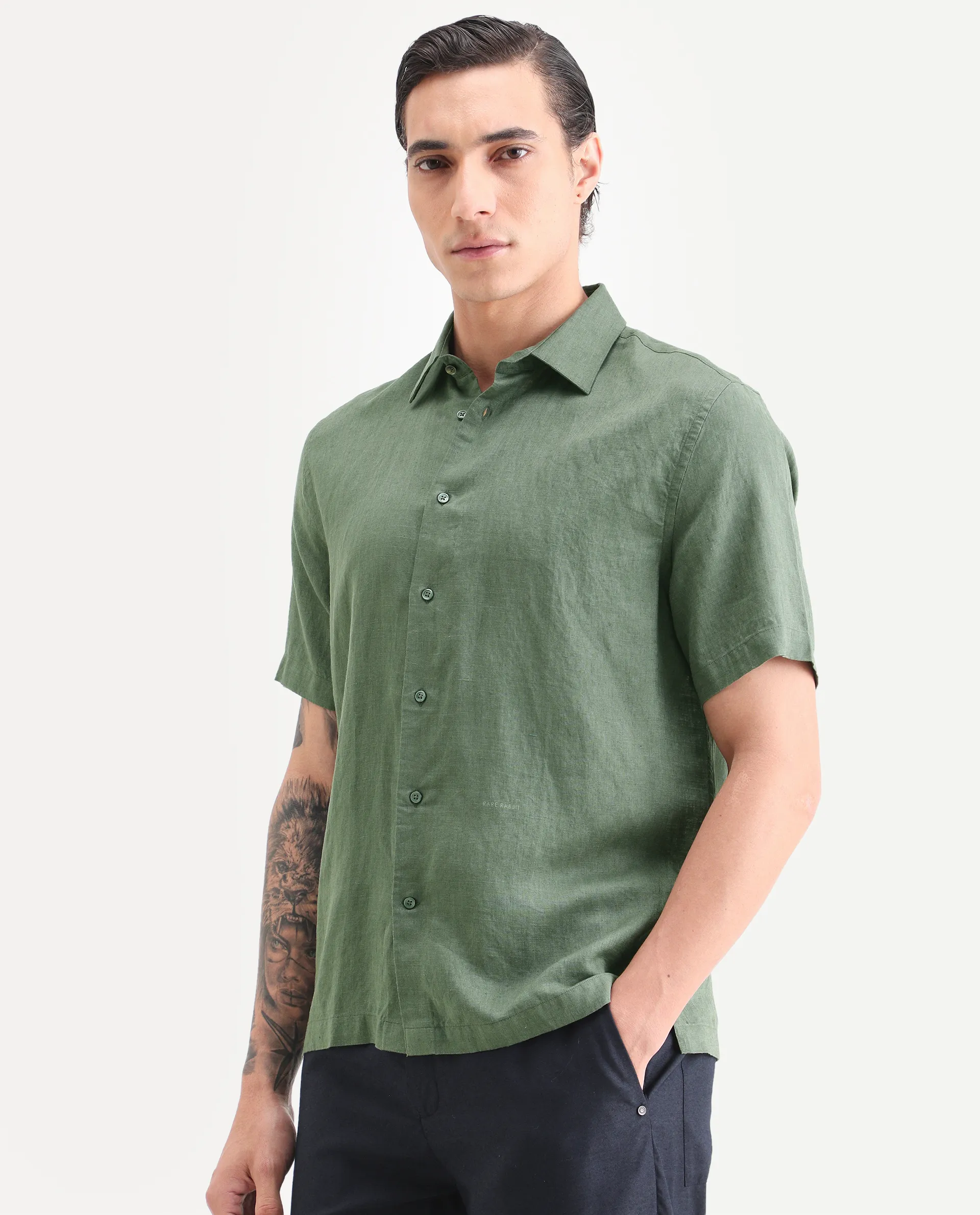 Rare Rabbit Men's Linex Ss Green Linen Blend Fabric Half Sleeve Spread Collar Regular Plain Shirt - Image 5