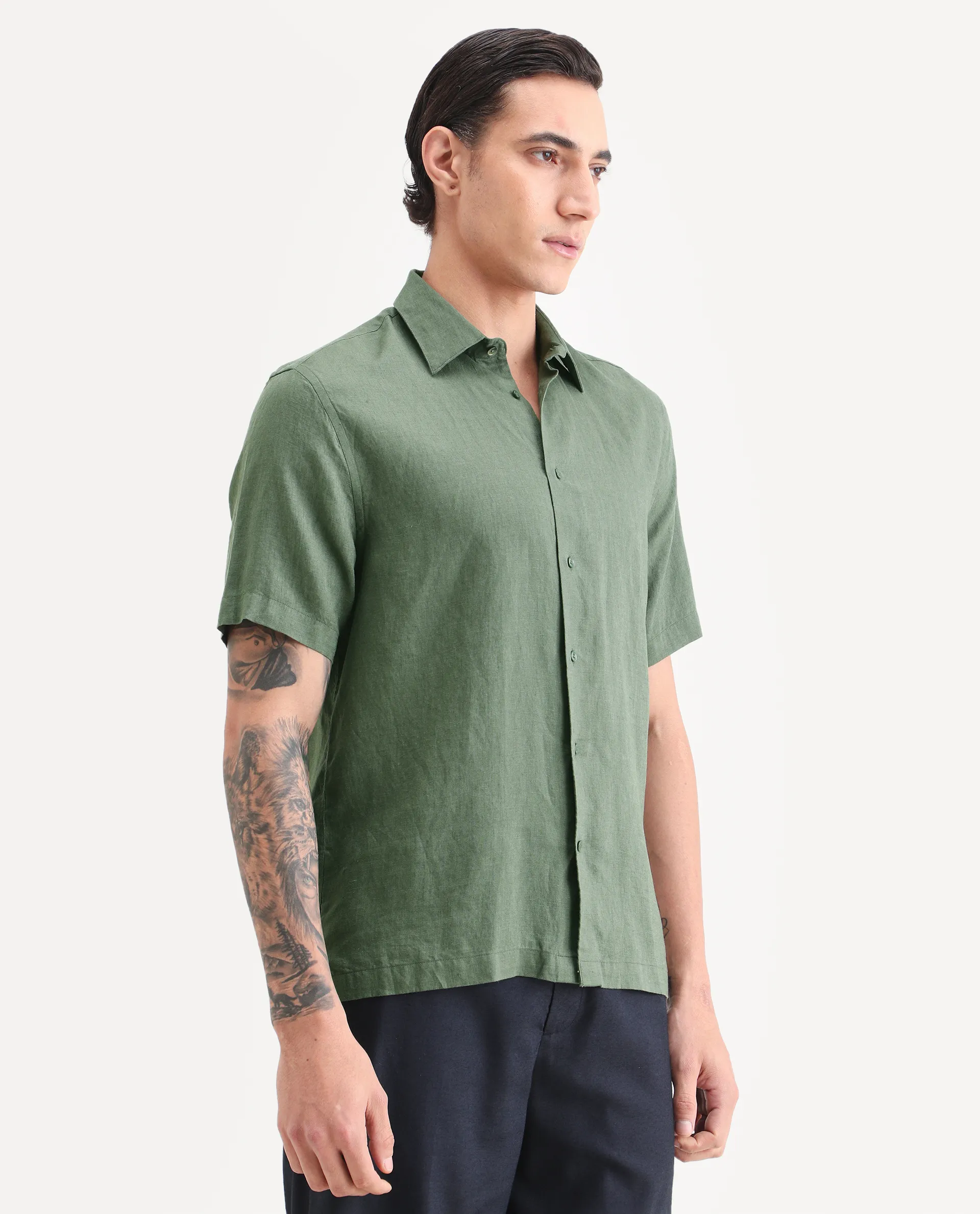 Rare Rabbit Men's Linex Ss Green Linen Blend Fabric Half Sleeve Spread Collar Regular Plain Shirt - Image 6