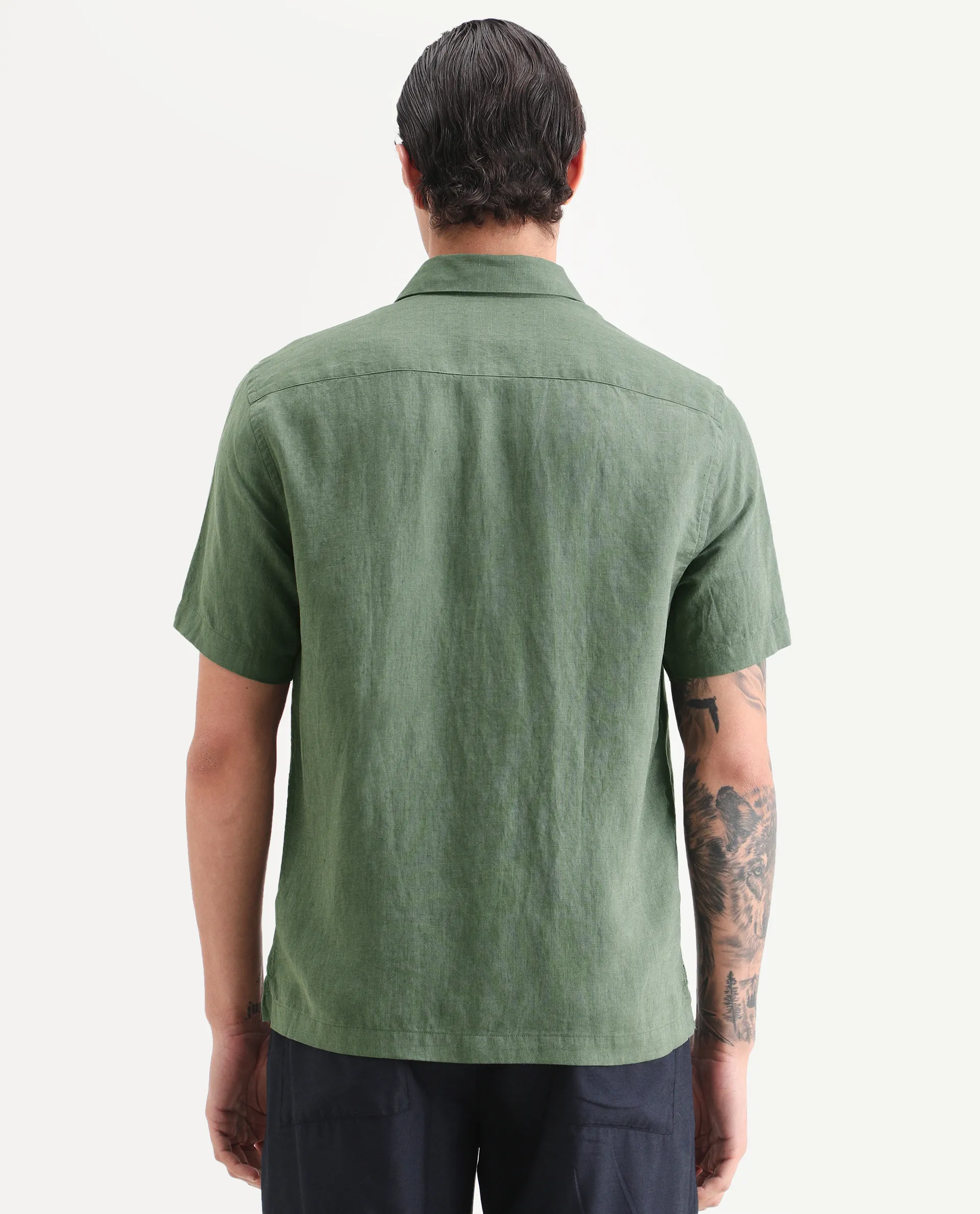 Rare Rabbit Men's Linex Ss Green Linen Blend Fabric Half Sleeve Spread Collar Regular Plain Shirt - Image 7