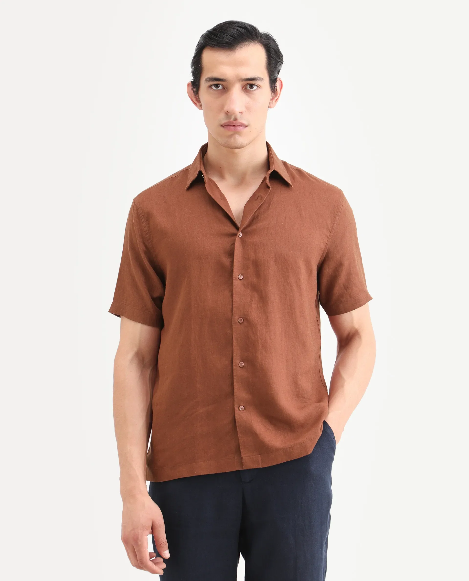 Rare Rabbit Men's Linex Ss Rust Linen Blend Fabric Half Sleeve Spread Collar Regular Plain Shirt - Image 2